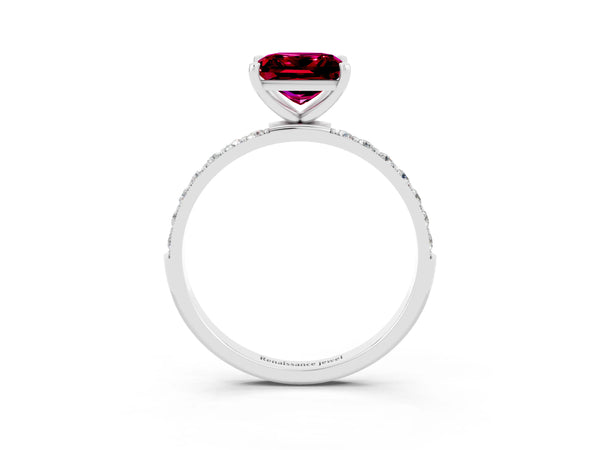 White gold Princess Cut Garnet Solitaire Ring with Round Pavé Shoulders and Prong Setting