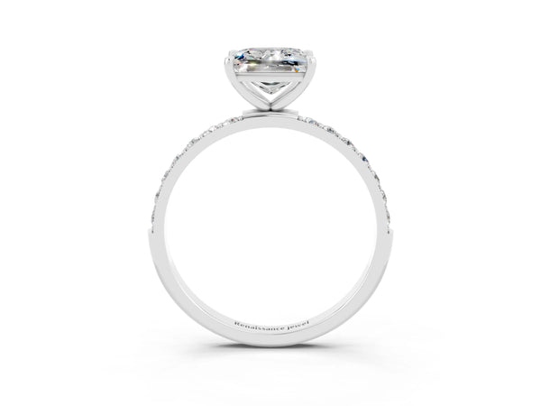 White gold Princess Cut Moissanite Solitaire Ring with Round Pavé Shoulders and Prong Setting