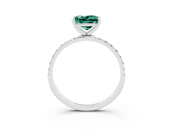 Platinum Princess Cut Green Sapphire Solitaire Ring with Round Pavé Shoulders and Prong Setting