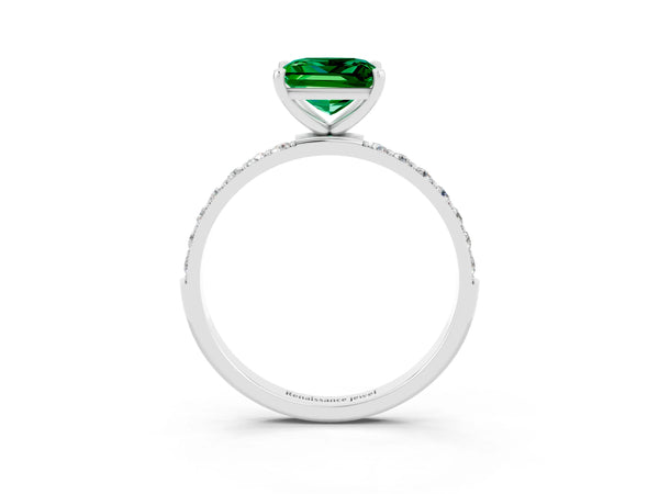 Silver Princess Cut Emerald Solitaire Ring with Round Pavé Shoulders and Prong Setting