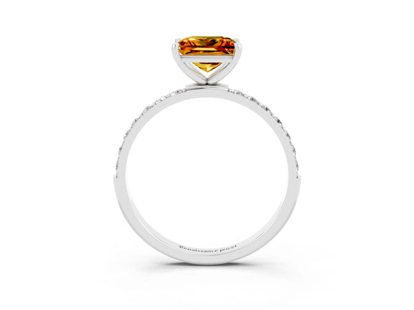 White gold Princess Cut Citrine Solitaire Ring with Round Pavé Shoulders and Prong Setting