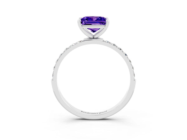 Platinum Princess Cut Tanzanite Solitaire Ring with Round Pavé Shoulders and Prong Setting