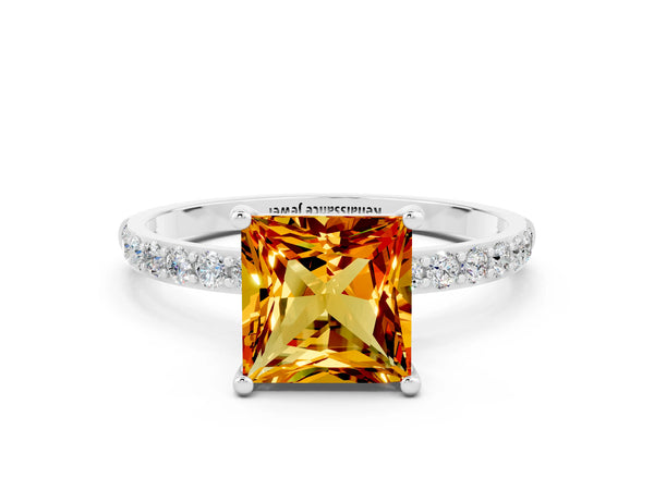 Platinum Princess Cut Citrine Solitaire Ring with Round Pavé Shoulders and Prong Setting