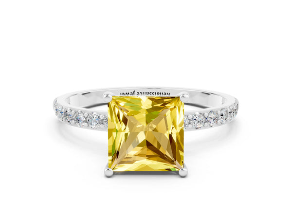 White gold Princess Cut Yellow Sapphire Solitaire Ring with Round Pavé Shoulders and Prong Setting