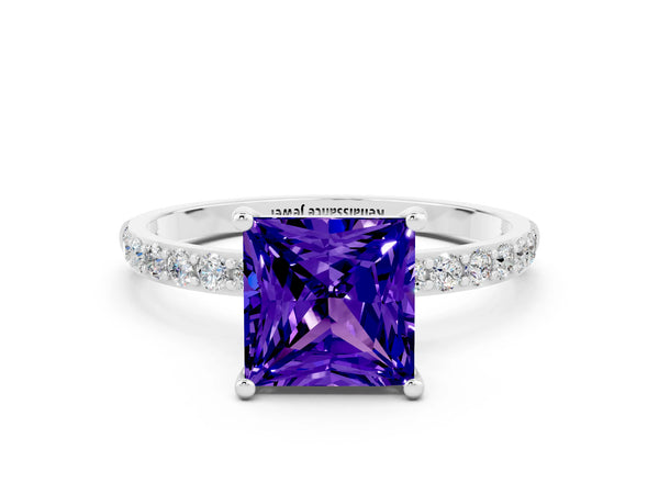 Platinum Princess Cut Tanzanite Solitaire Ring with Round Pavé Shoulders and Prong Setting