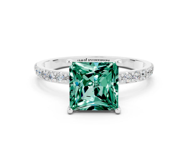 Platinum Princess Cut Green Sapphire Solitaire Ring with Round Pavé Shoulders and Prong Setting