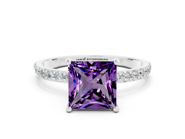 Silver Princess Cut Amethyst Solitaire Ring with Round Pavé Shoulders and Prong Setting