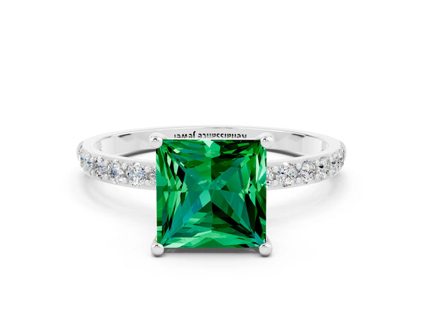 Silver Princess Cut Emerald Solitaire Ring with Round Pavé Shoulders and Prong Setting