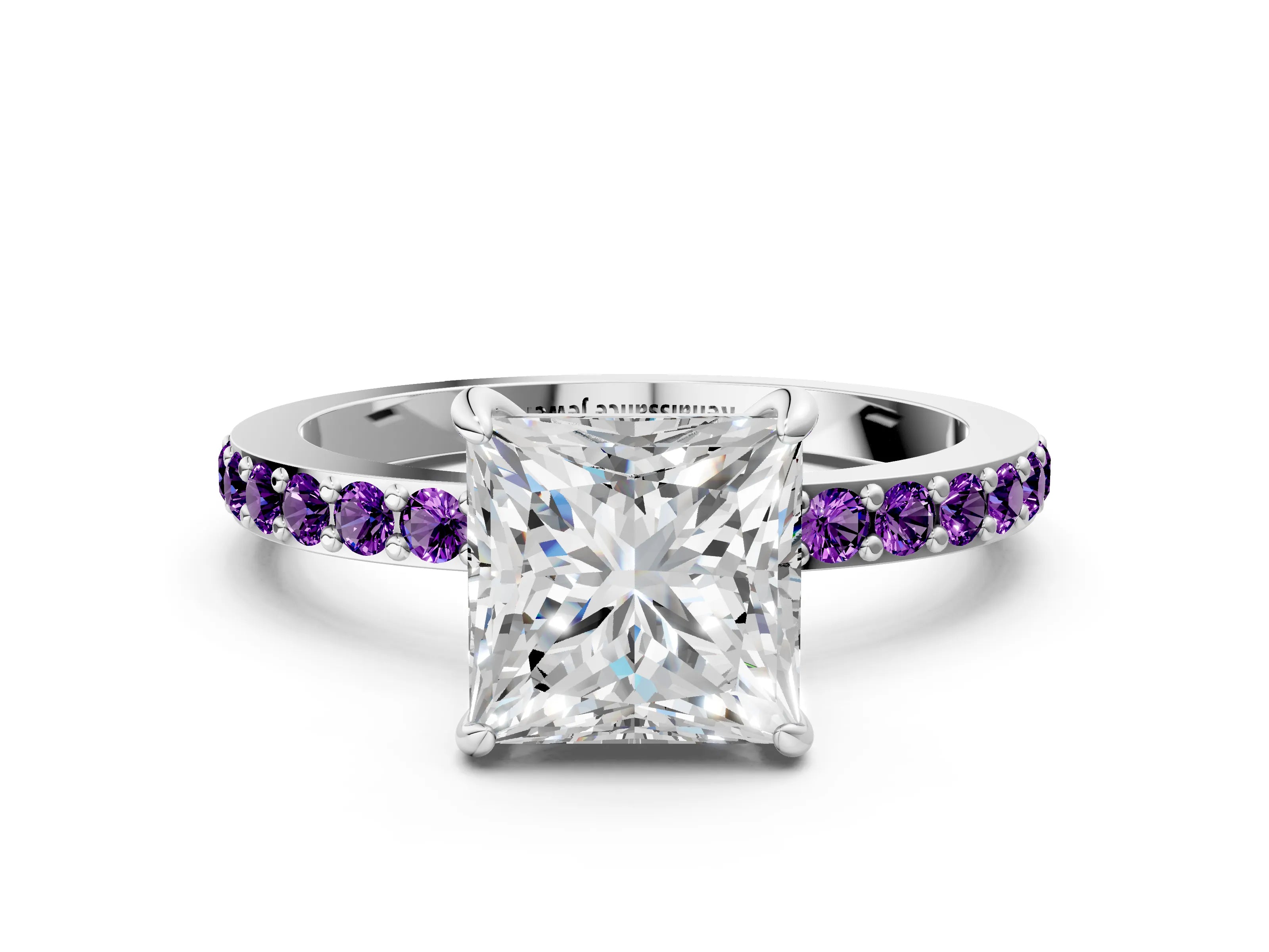 White gold Princess Cut Diamond Pavé Engagement Ring with Round with Amethyst side stone Accents and Prong Setting_12