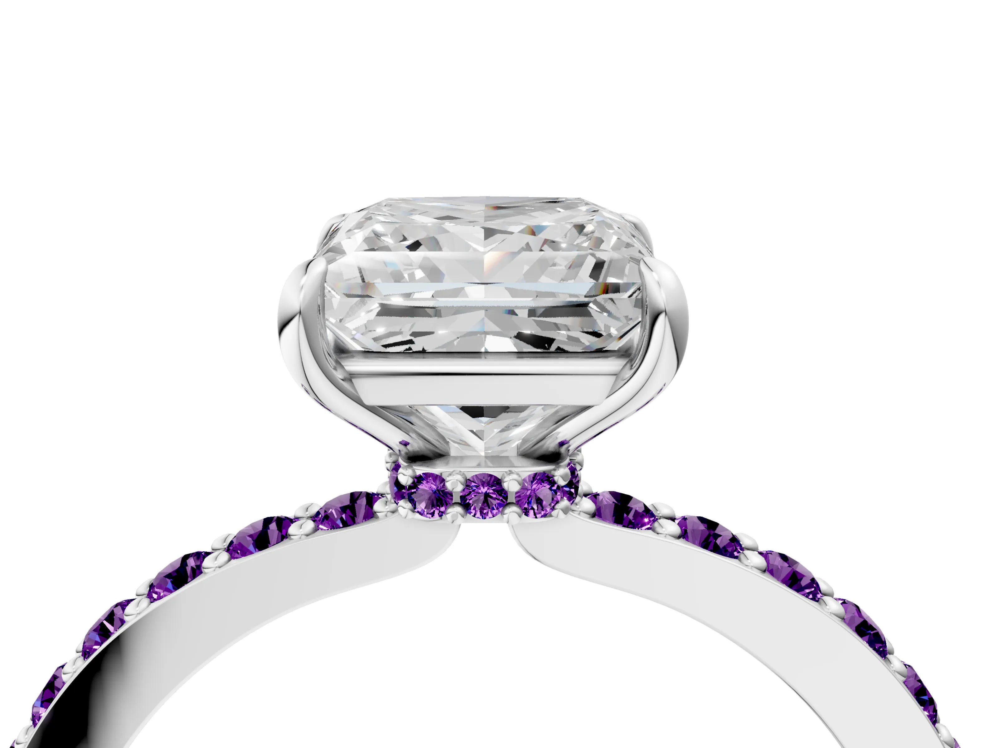 White gold Princess Cut Diamond Pavé Engagement Ring with Round with Amethyst side stone Accents and Prong Setting_16