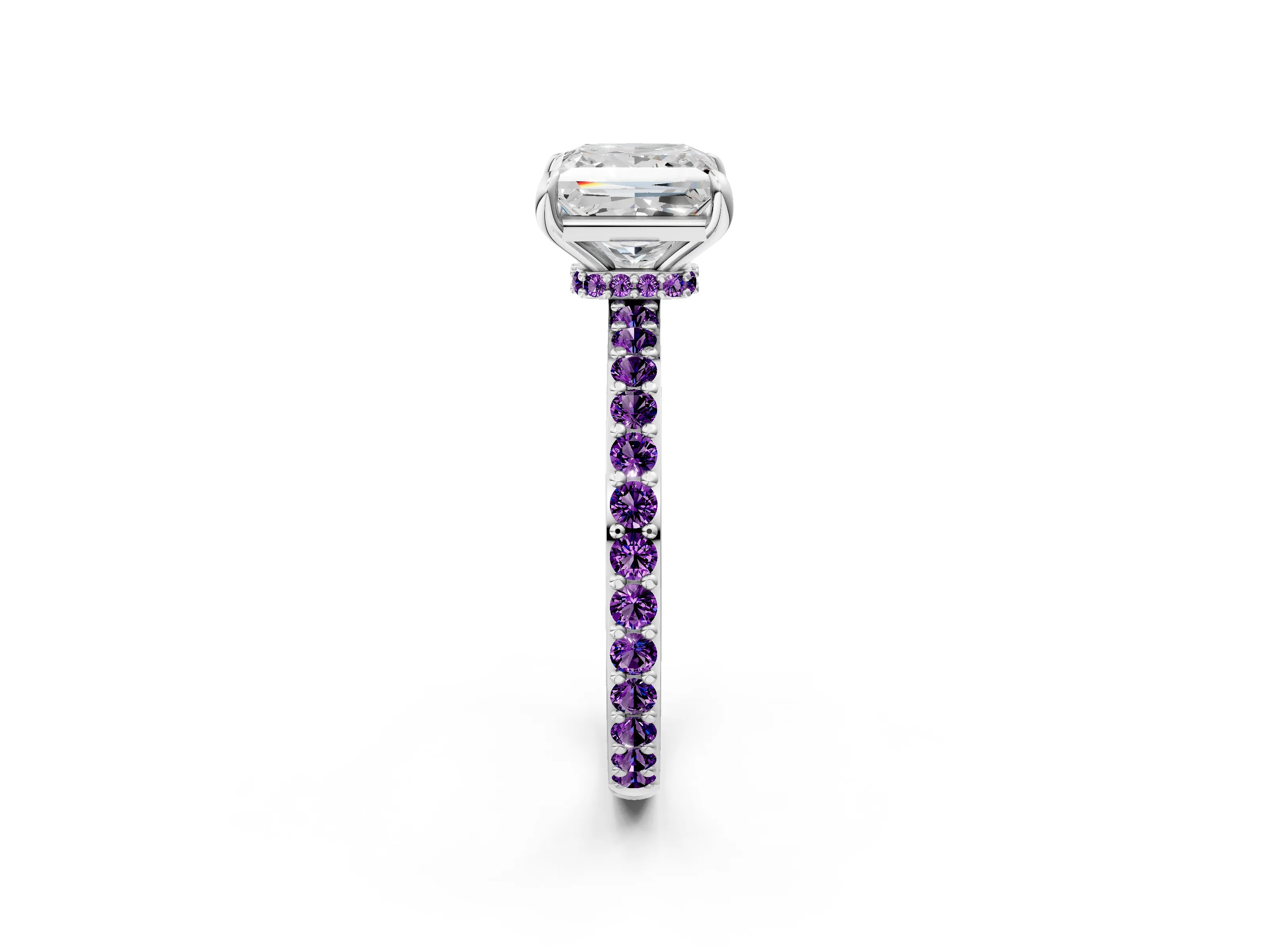 White gold Princess Cut Diamond Pavé Engagement Ring with Round with Amethyst side stone Accents and Prong Setting_2