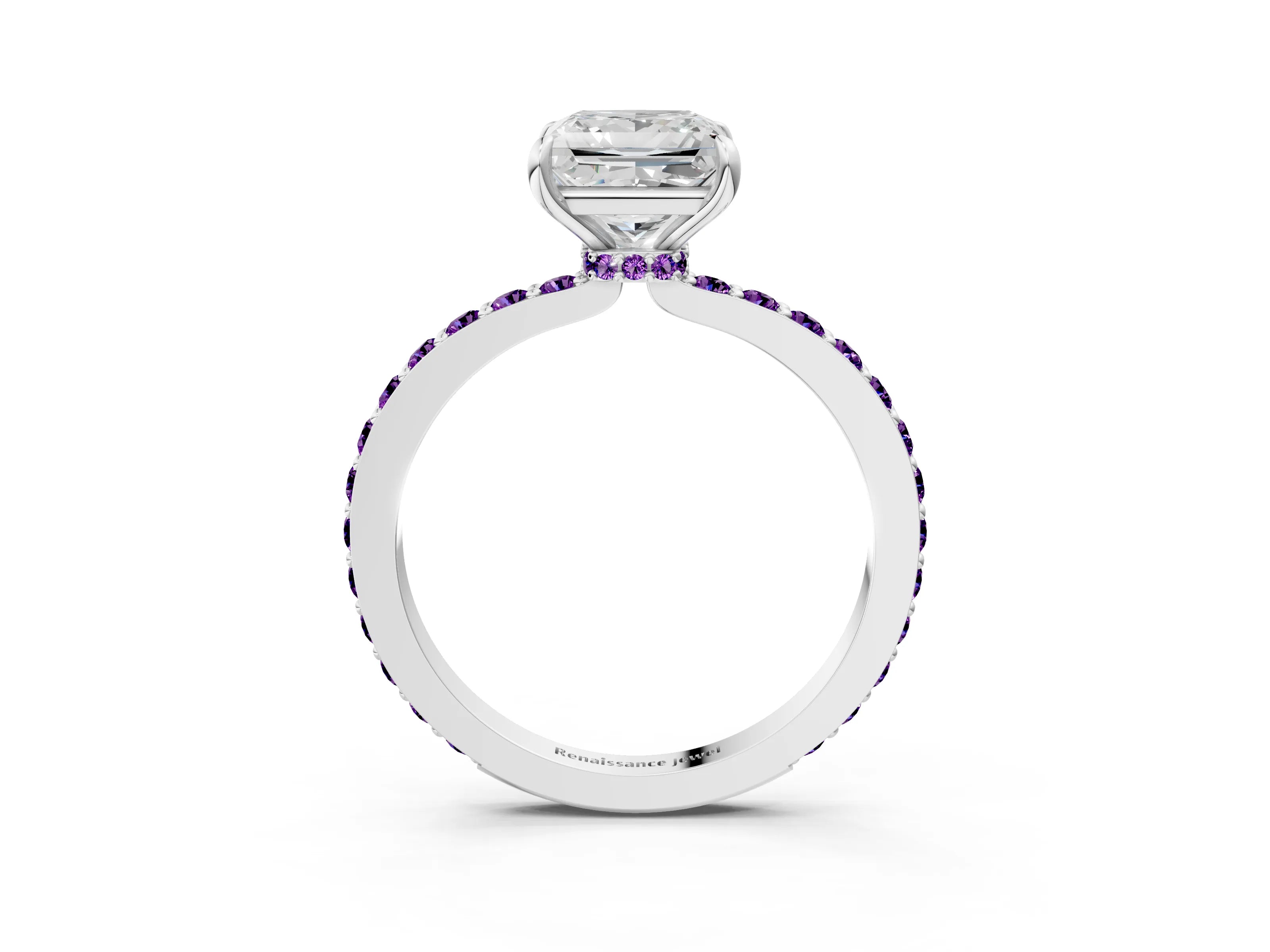 White gold Princess Cut Diamond Pavé Engagement Ring with Round with Amethyst side stone Accents and Prong Setting_3