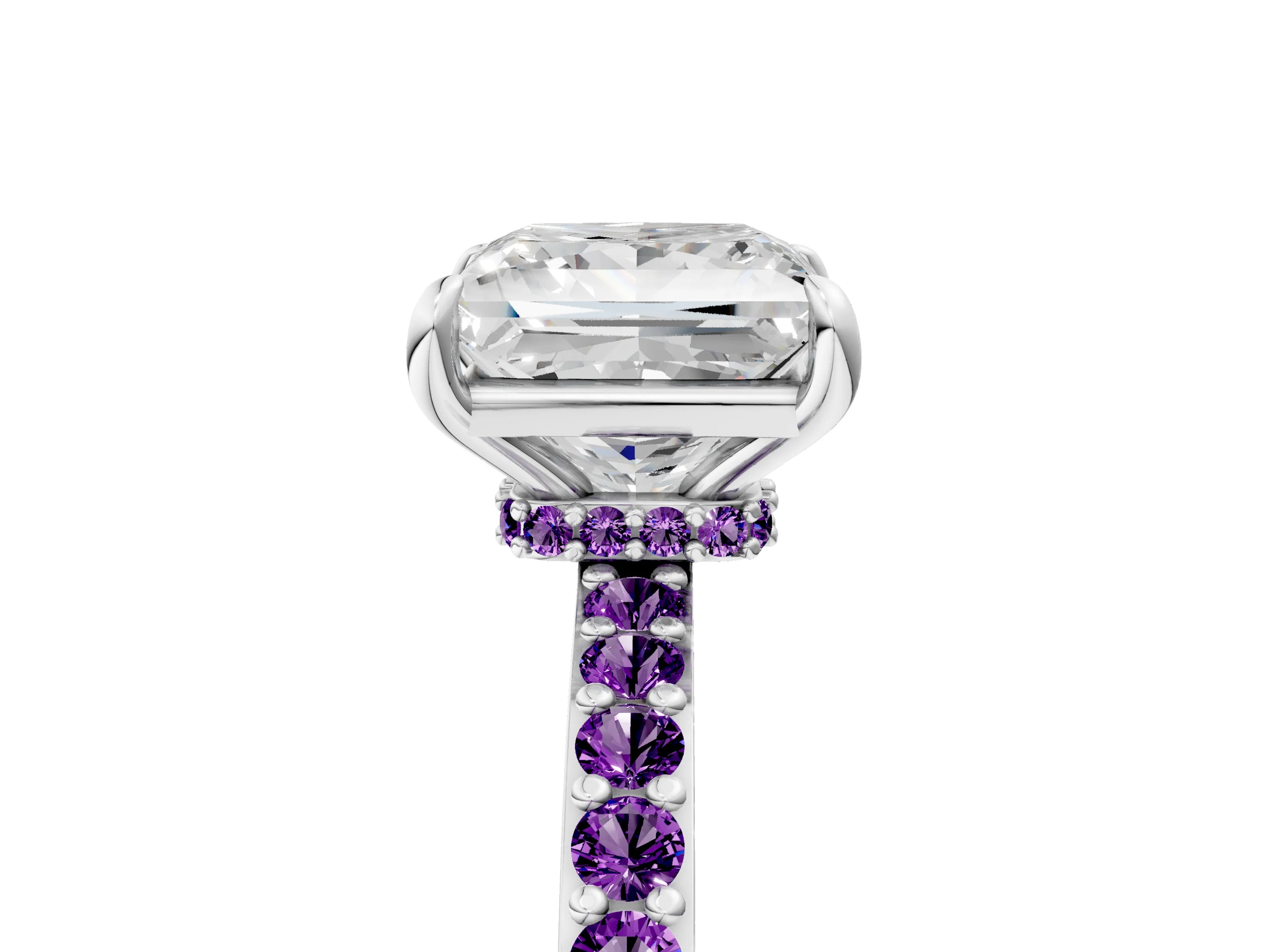 White gold Princess Cut Diamond Pavé Engagement Ring with Round with Amethyst side stone Accents and Prong Setting_5