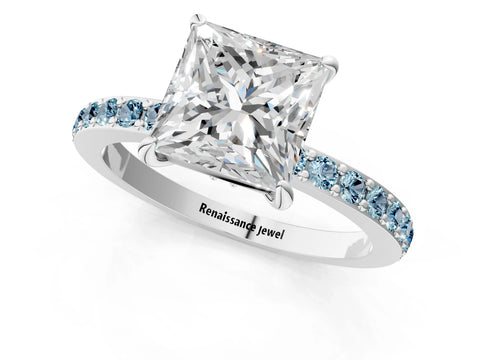 White gold Princess Cut Diamond Pavé Engagement Ring with Round with Aquamarine side stone Accents and Prong Setting_13