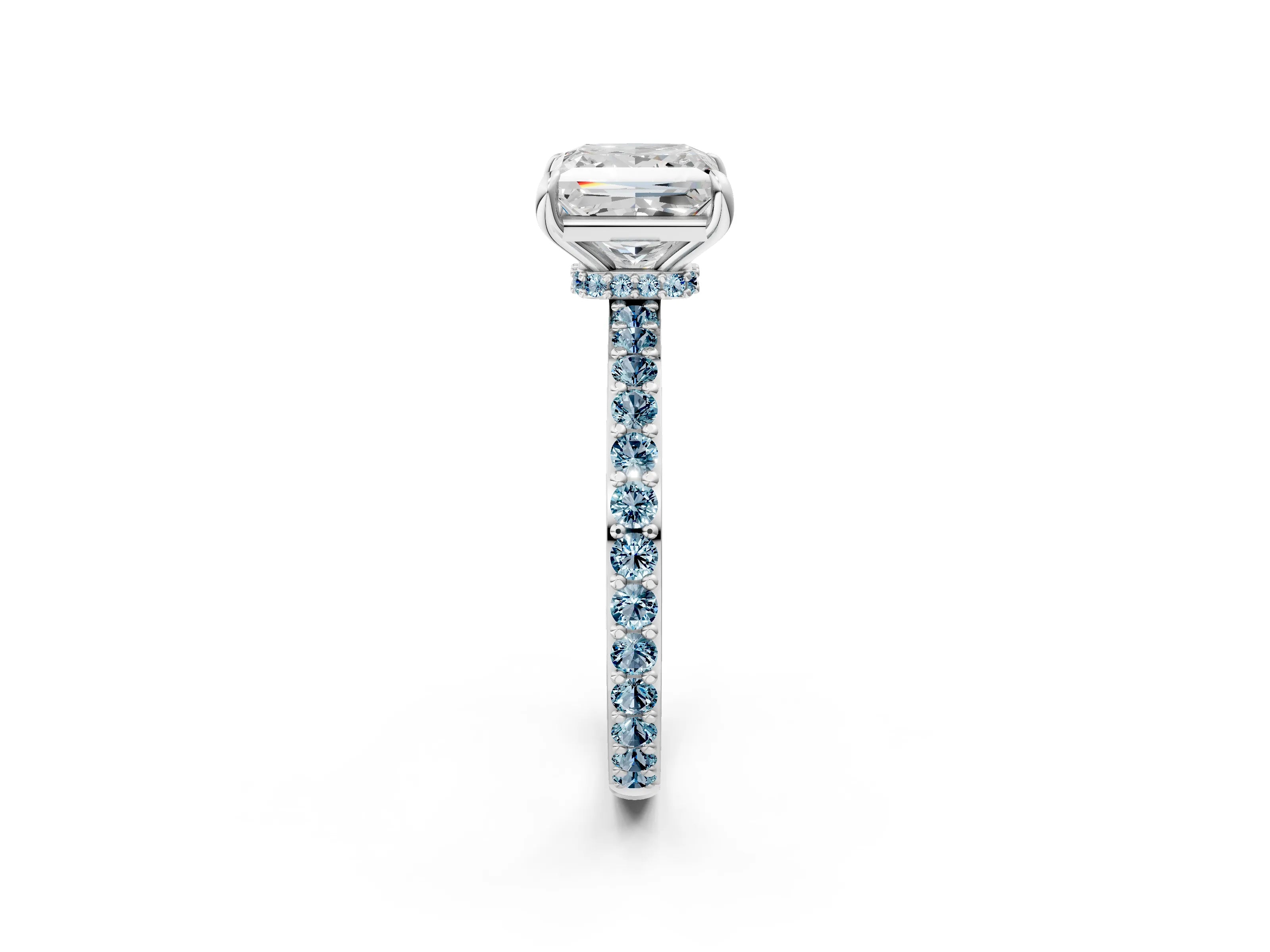 White gold Princess Cut Diamond Pavé Engagement Ring with Round with Aquamarine side stone Accents and Prong Setting_14