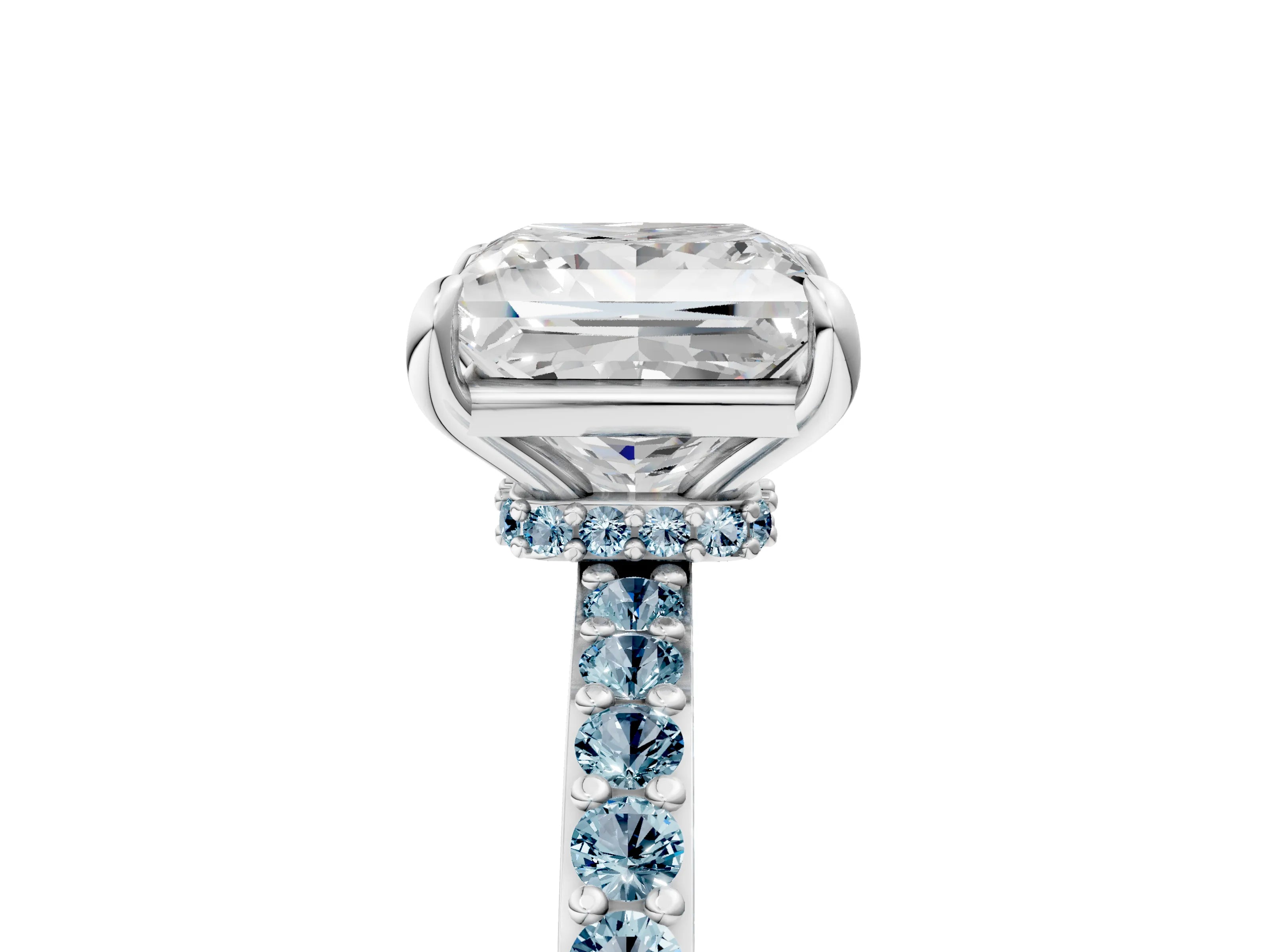 White gold Princess Cut Diamond Pavé Engagement Ring with Round with Aquamarine side stone Accents and Prong Setting_17