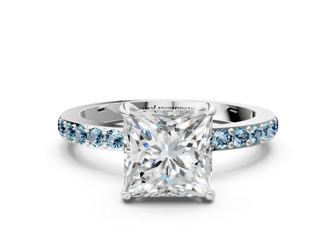White gold Princess Cut Diamond Pavé Engagement Ring with Round with Aquamarine side stone Accents and Prong Setting