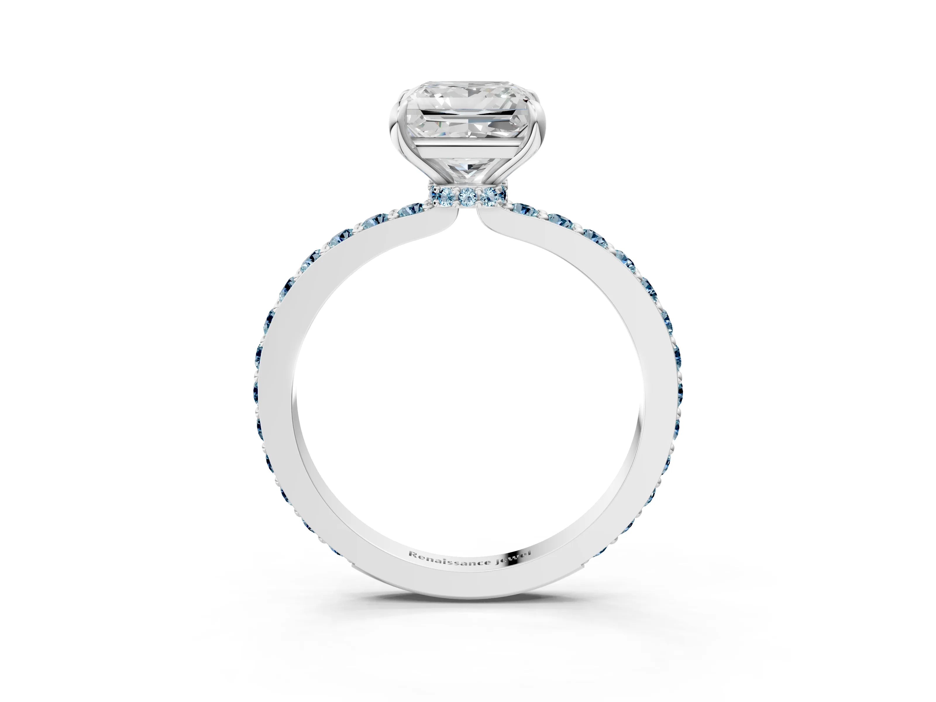 White gold Princess Cut Diamond Pavé Engagement Ring with Round with Aquamarine side stone Accents and Prong Setting_3