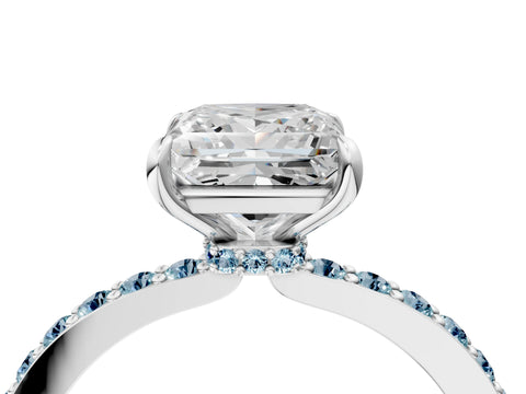 White gold Princess Cut Diamond Pavé Engagement Ring with Round with Aquamarine side stone Accents and Prong Setting_4