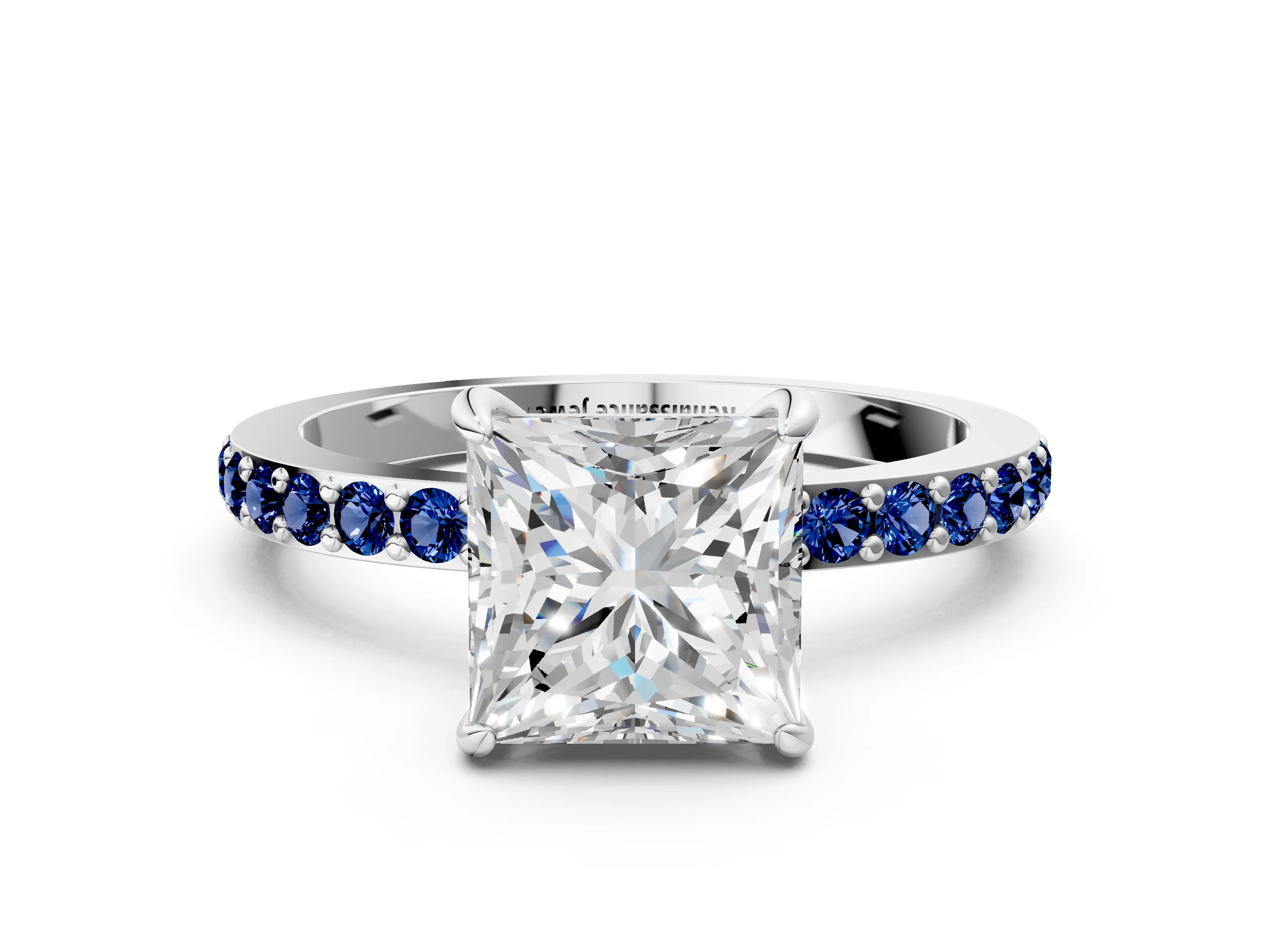 White gold Princess Cut Diamond Pavé Engagement Ring with Round with Blue Sapphire side stone Accents and Prong Setting