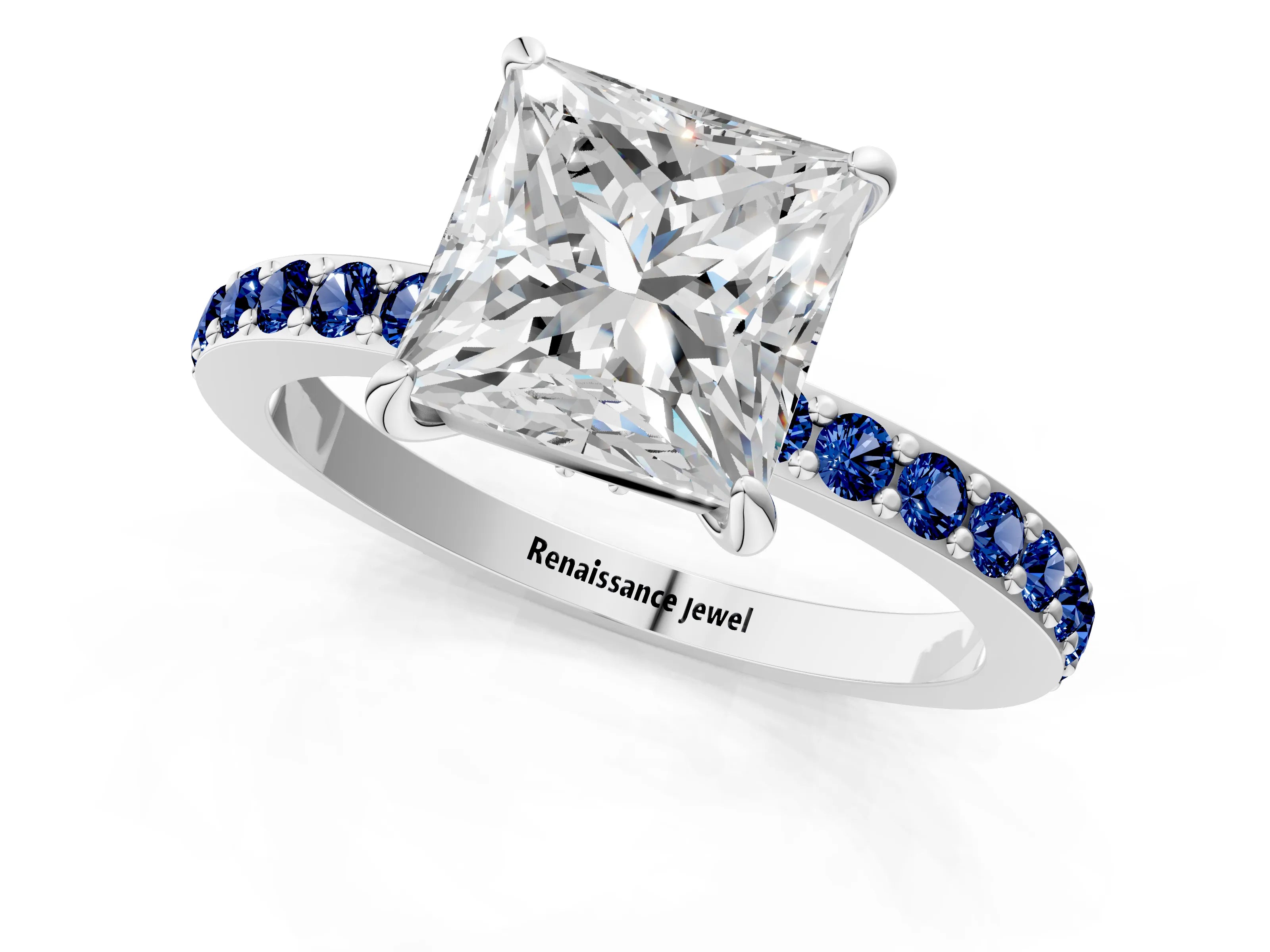 White gold Princess Cut Diamond Pavé Engagement Ring with Round with Blue Sapphire side stone Accents and Prong Setting_1