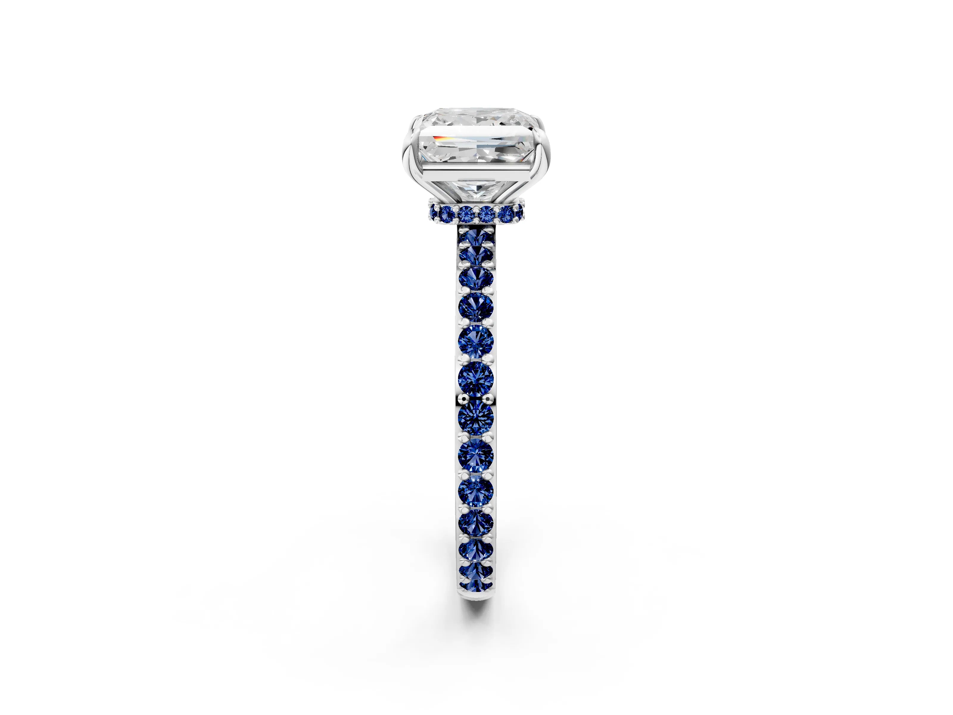 White gold Princess Cut Diamond Pavé Engagement Ring with Round with Blue Sapphire side stone Accents and Prong Setting_2