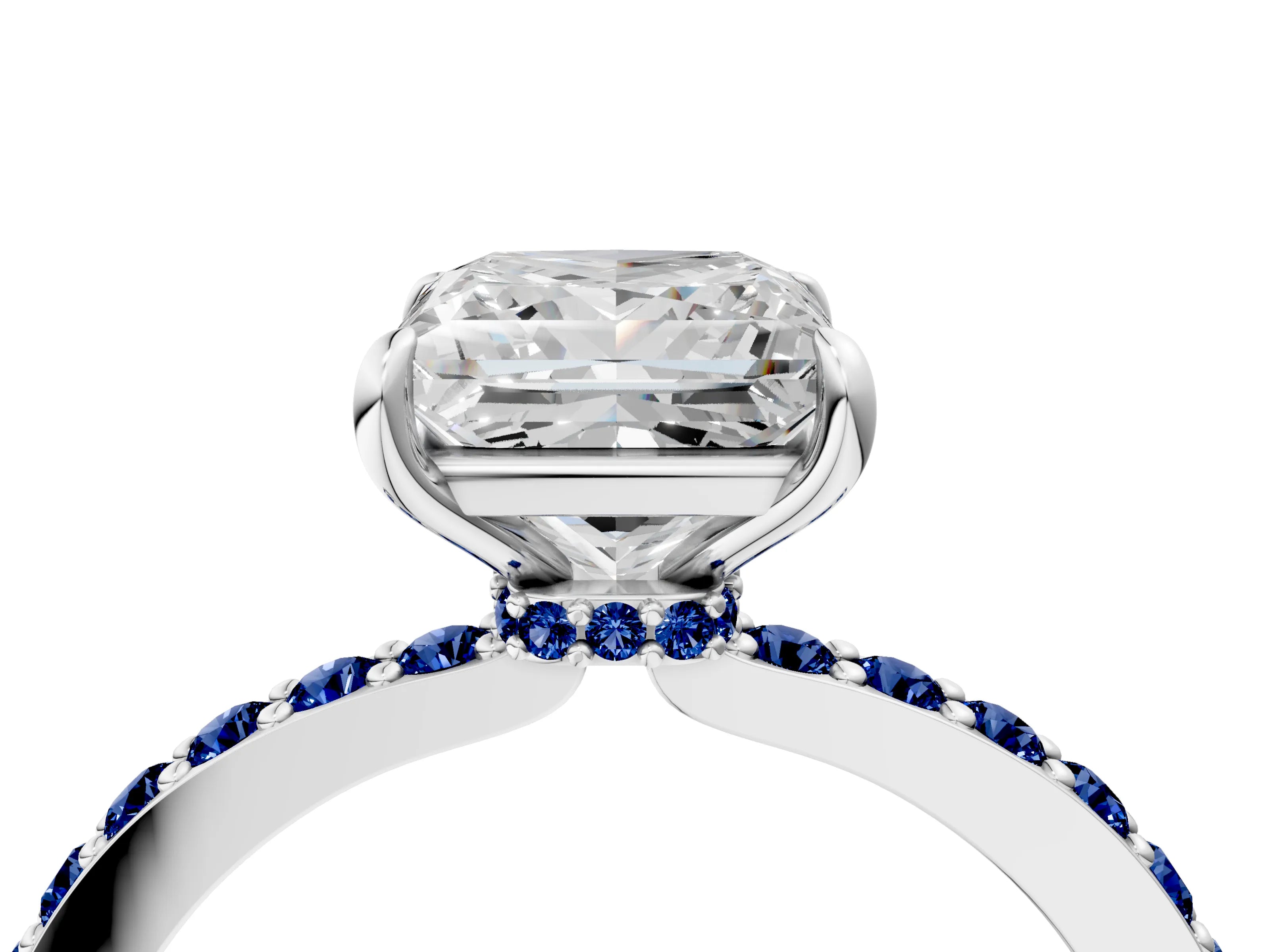 White gold Princess Cut Diamond Pavé Engagement Ring with Round with Blue Sapphire side stone Accents and Prong Setting_4