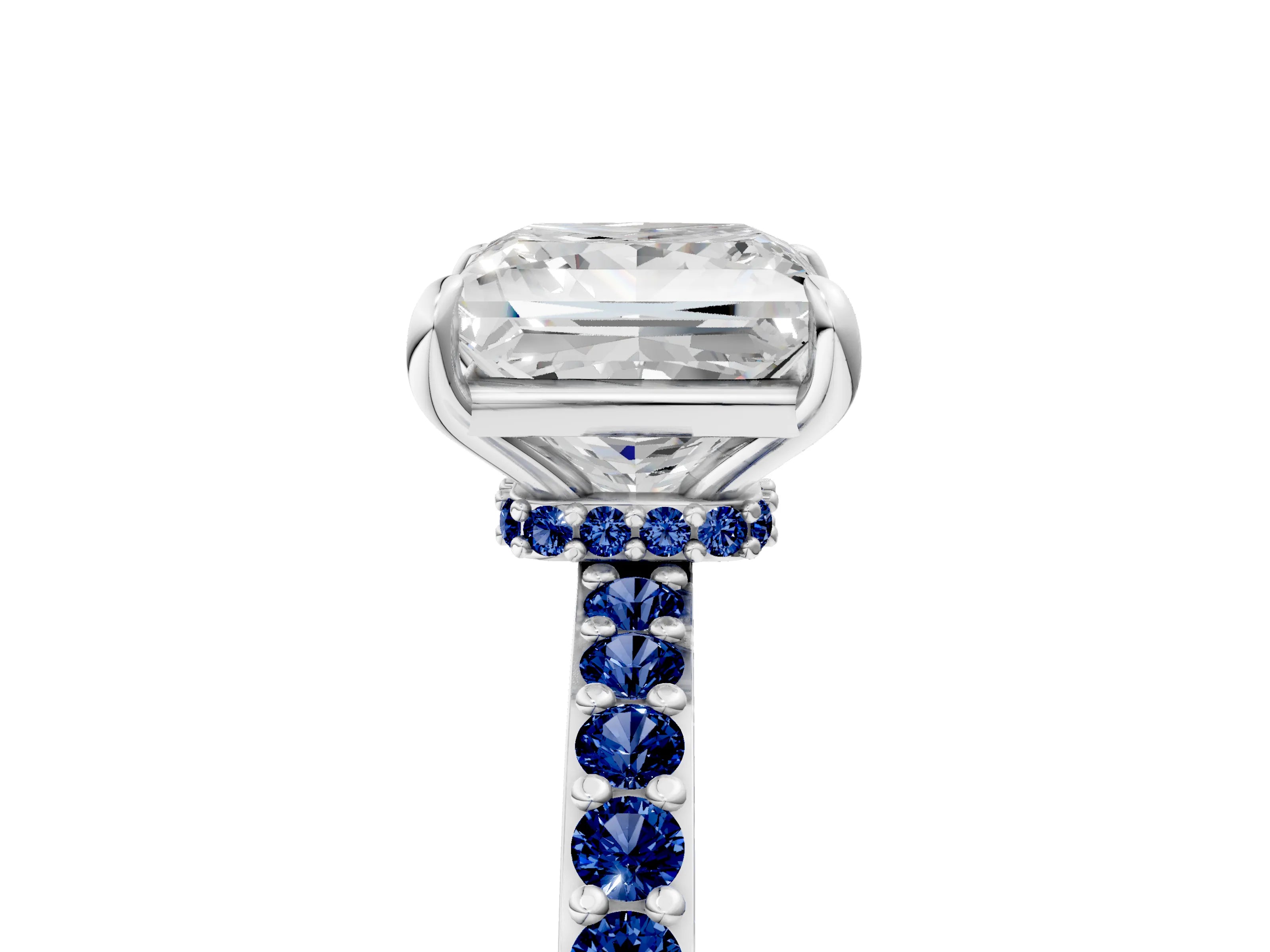 White gold Princess Cut Diamond Pavé Engagement Ring with Round with Blue Sapphire side stone Accents and Prong Setting_5