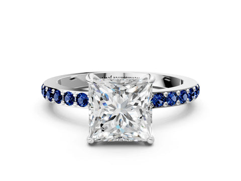 White gold Princess Cut Diamond Pavé Engagement Ring with Round with Blue Sapphire side stone Accents and Prong Setting
