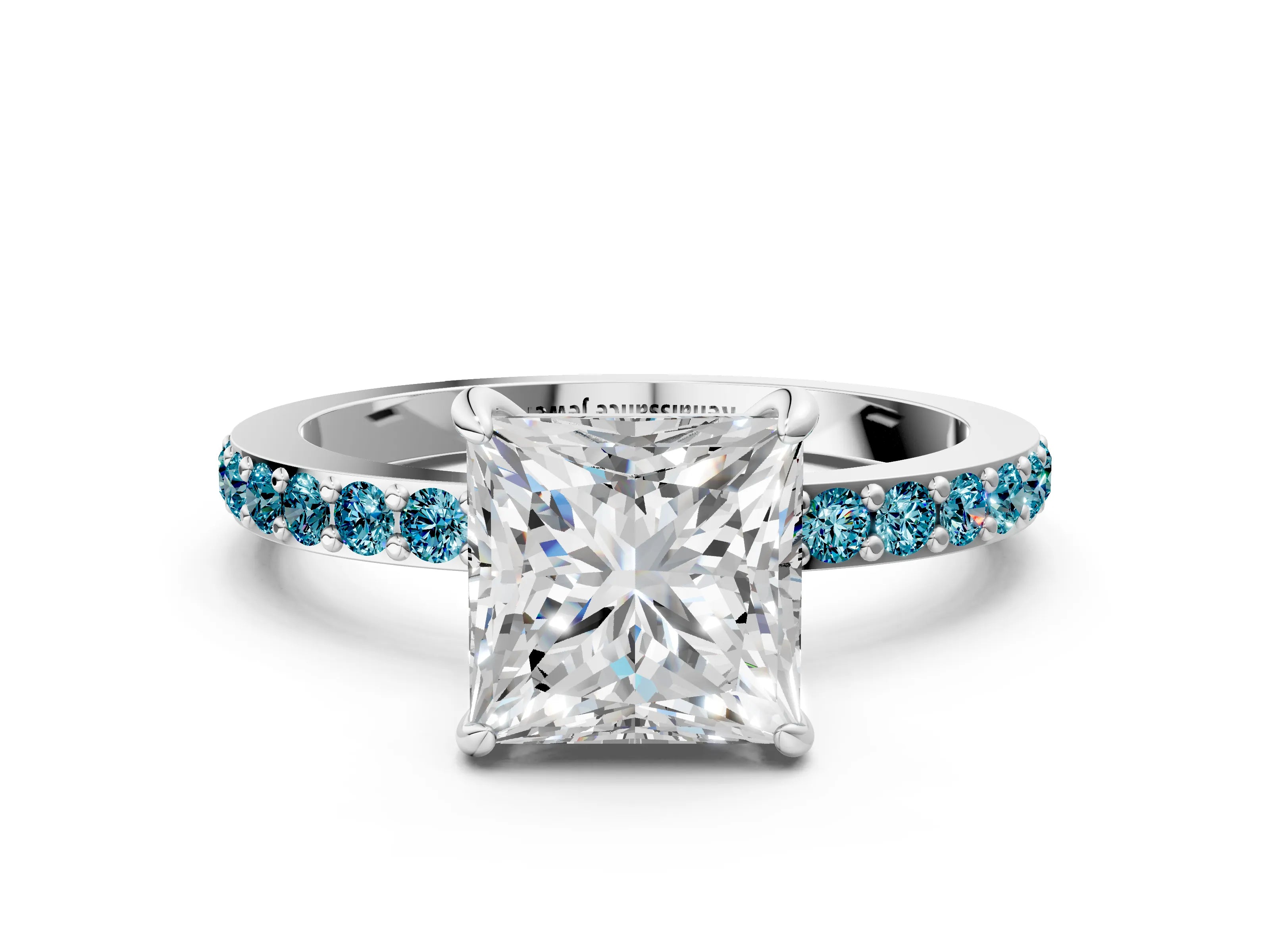 White gold Princess Cut Diamond Pavé Engagement Ring with Round with Blue Topaz side stone Accents and Prong Setting