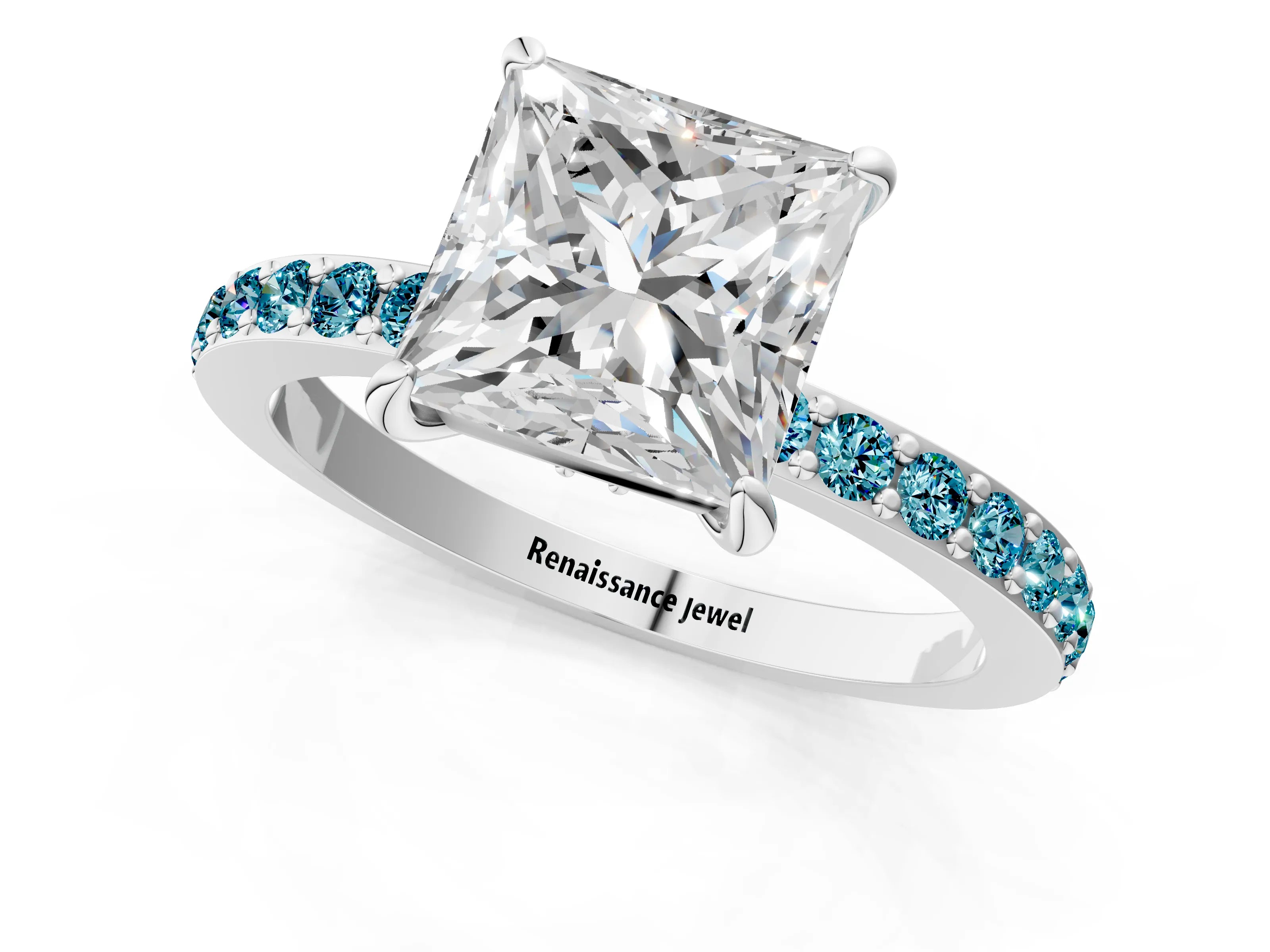 White gold Princess Cut Diamond Pavé Engagement Ring with Round with Blue Topaz side stone Accents and Prong Setting_1