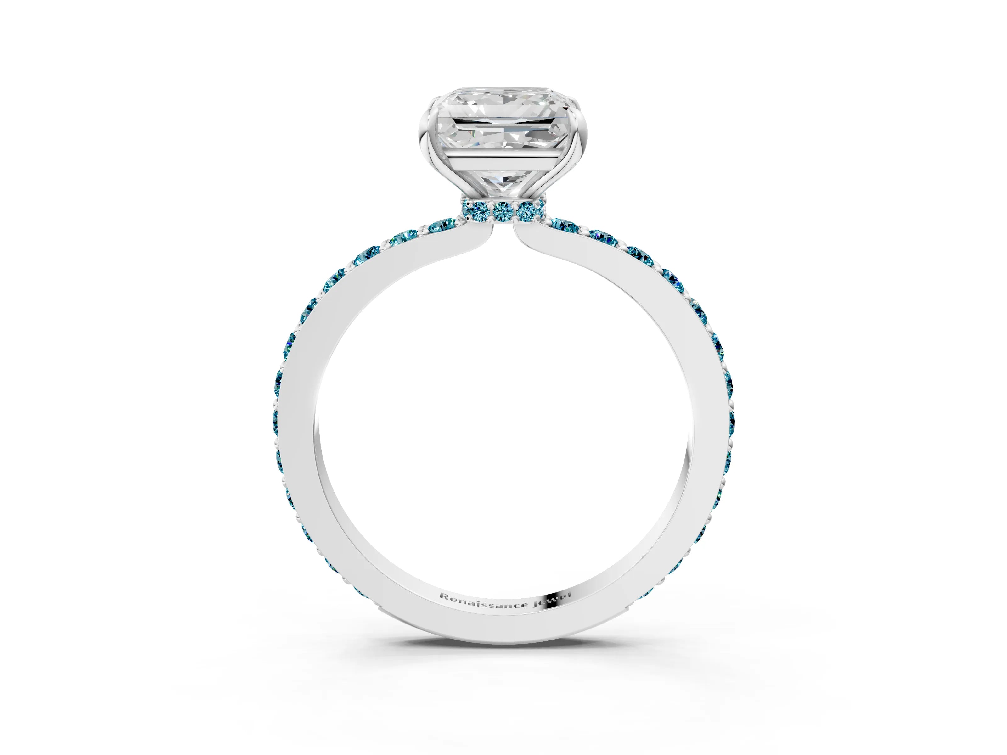 White gold Princess Cut Diamond Pavé Engagement Ring with Round with Blue Topaz side stone Accents and Prong Setting_3
