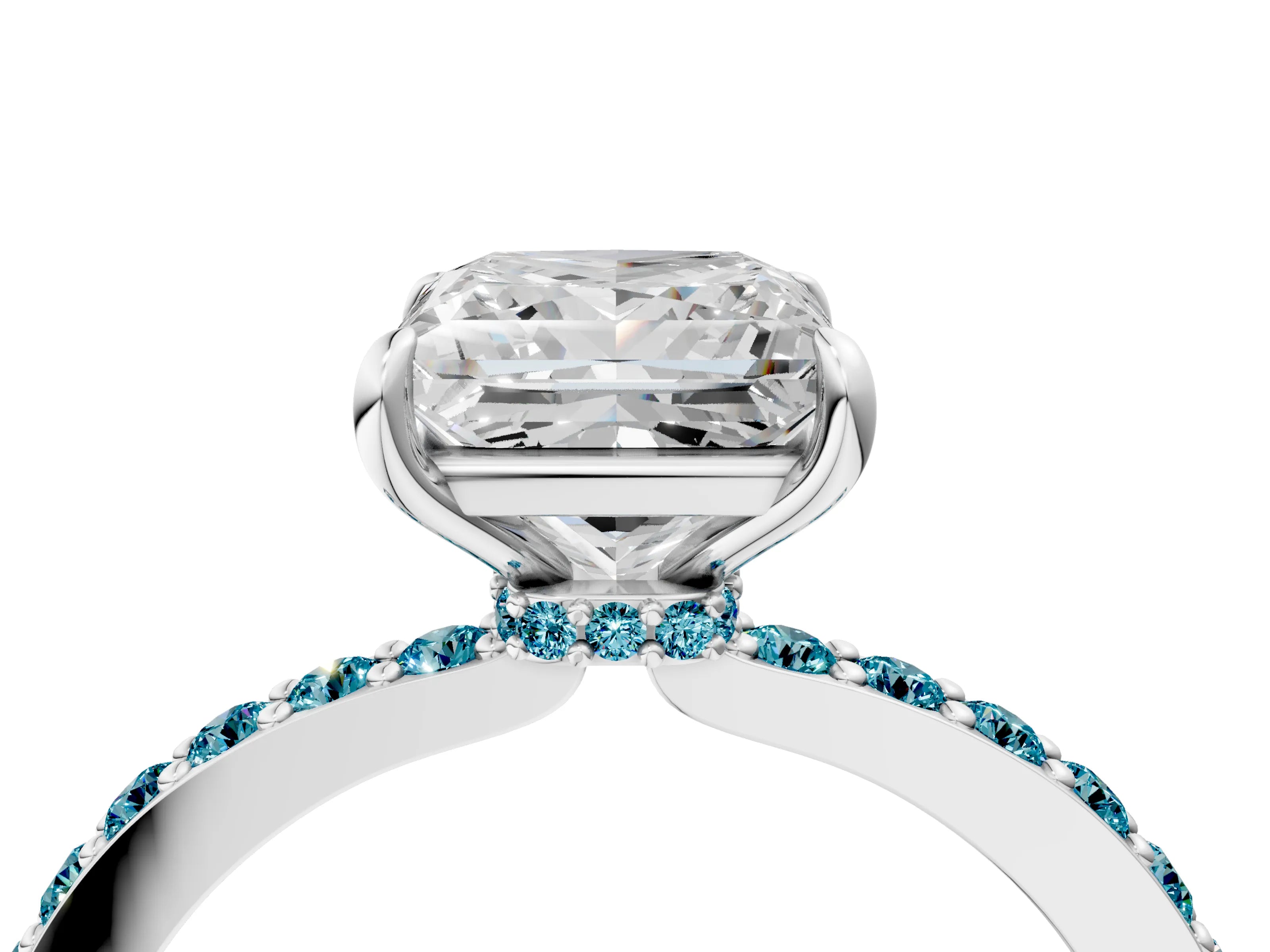 White gold Princess Cut Diamond Pavé Engagement Ring with Round with Blue Topaz side stone Accents and Prong Setting_4