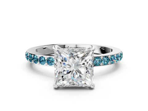 White gold Princess Cut Diamond Pavé Engagement Ring with Round with Blue Topaz side stone Accents and Prong Setting