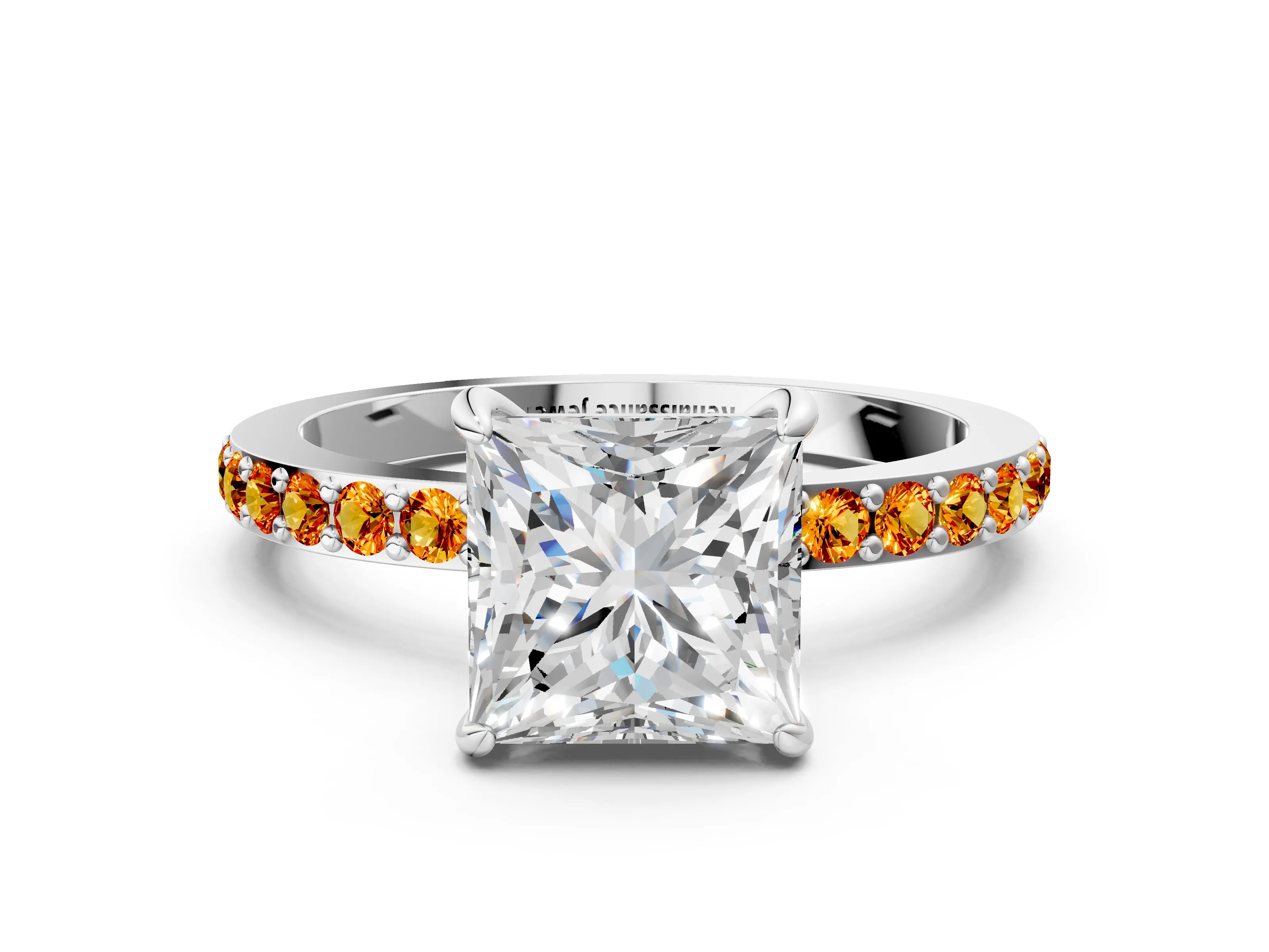 White gold Princess Cut Diamond Pavé Engagement Ring with Round with Citrine side stone Accents and Prong Setting_12