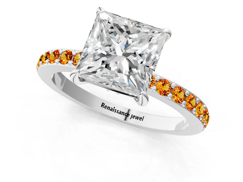 White gold Princess Cut Diamond Pavé Engagement Ring with Round with Citrine side stone Accents and Prong Setting_1