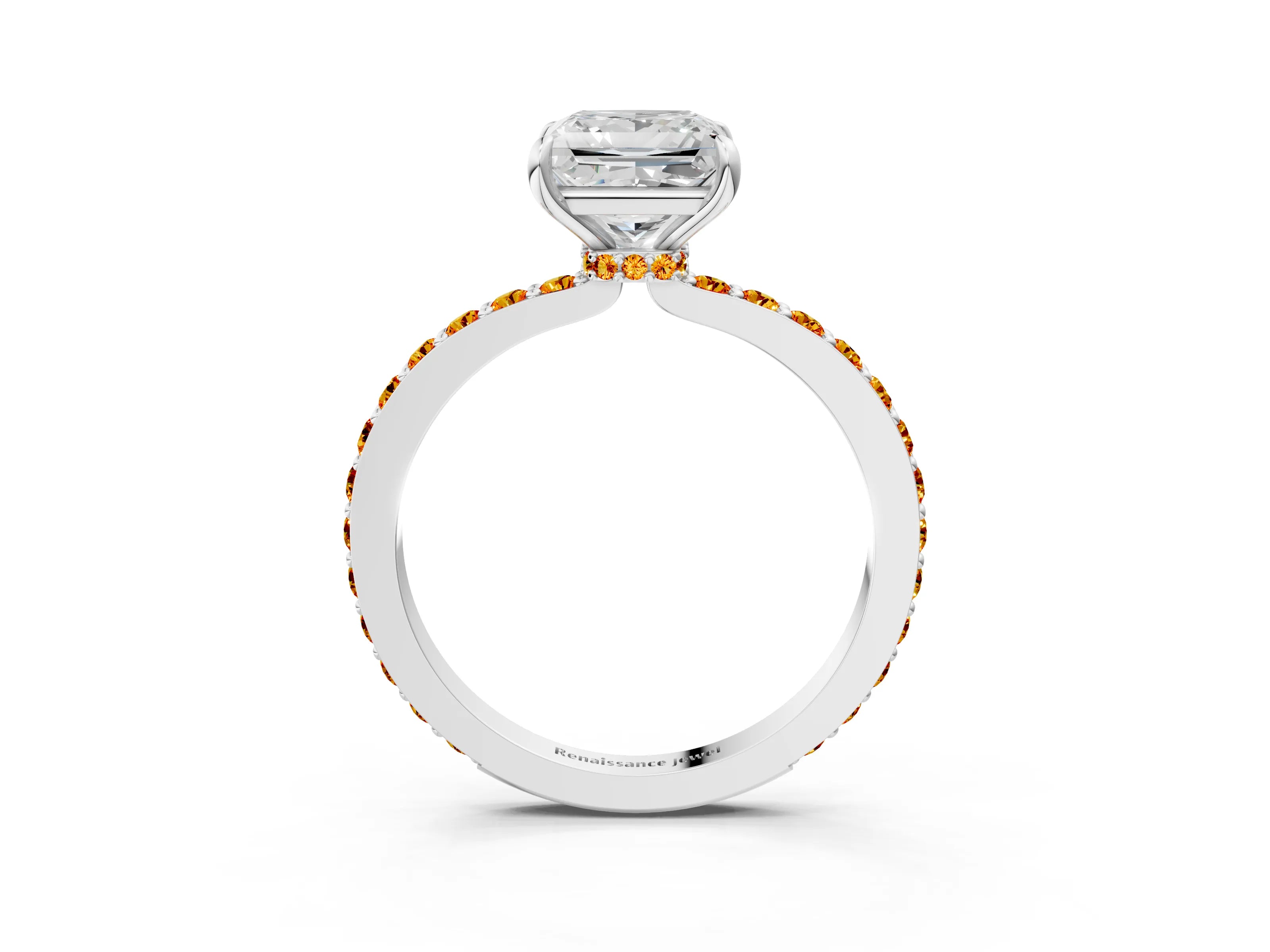 White gold Princess Cut Diamond Pavé Engagement Ring with Round with Citrine side stone Accents and Prong Setting_3