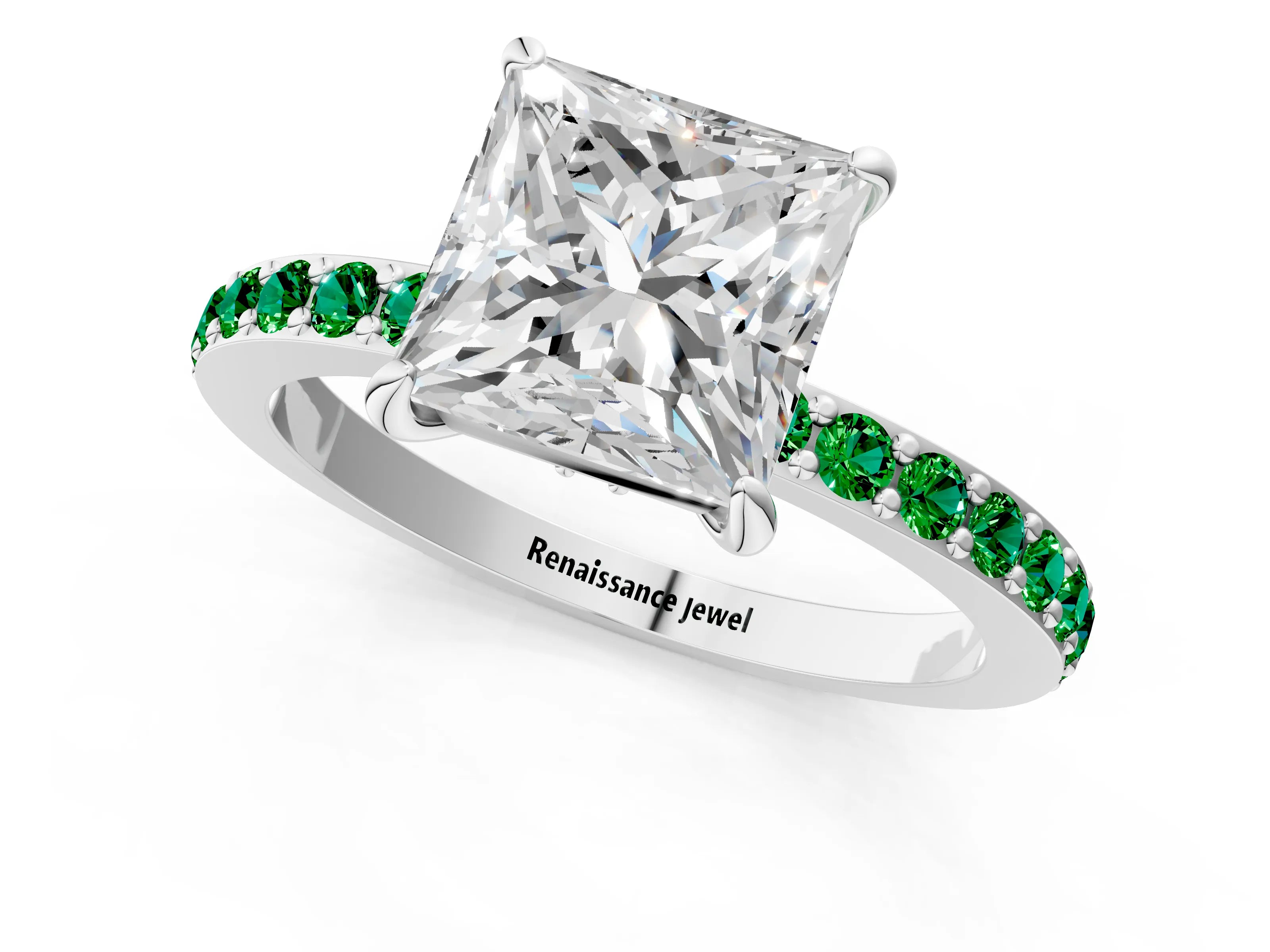 White gold Princess Cut Diamond Pavé Engagement Ring with Round with Emerald side stone Accents and Prong Setting_1