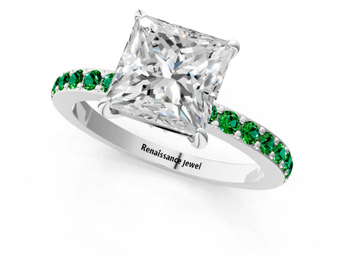White gold Princess Cut Diamond Pavé Engagement Ring with Round with Emerald side stone Accents and Prong Setting_1