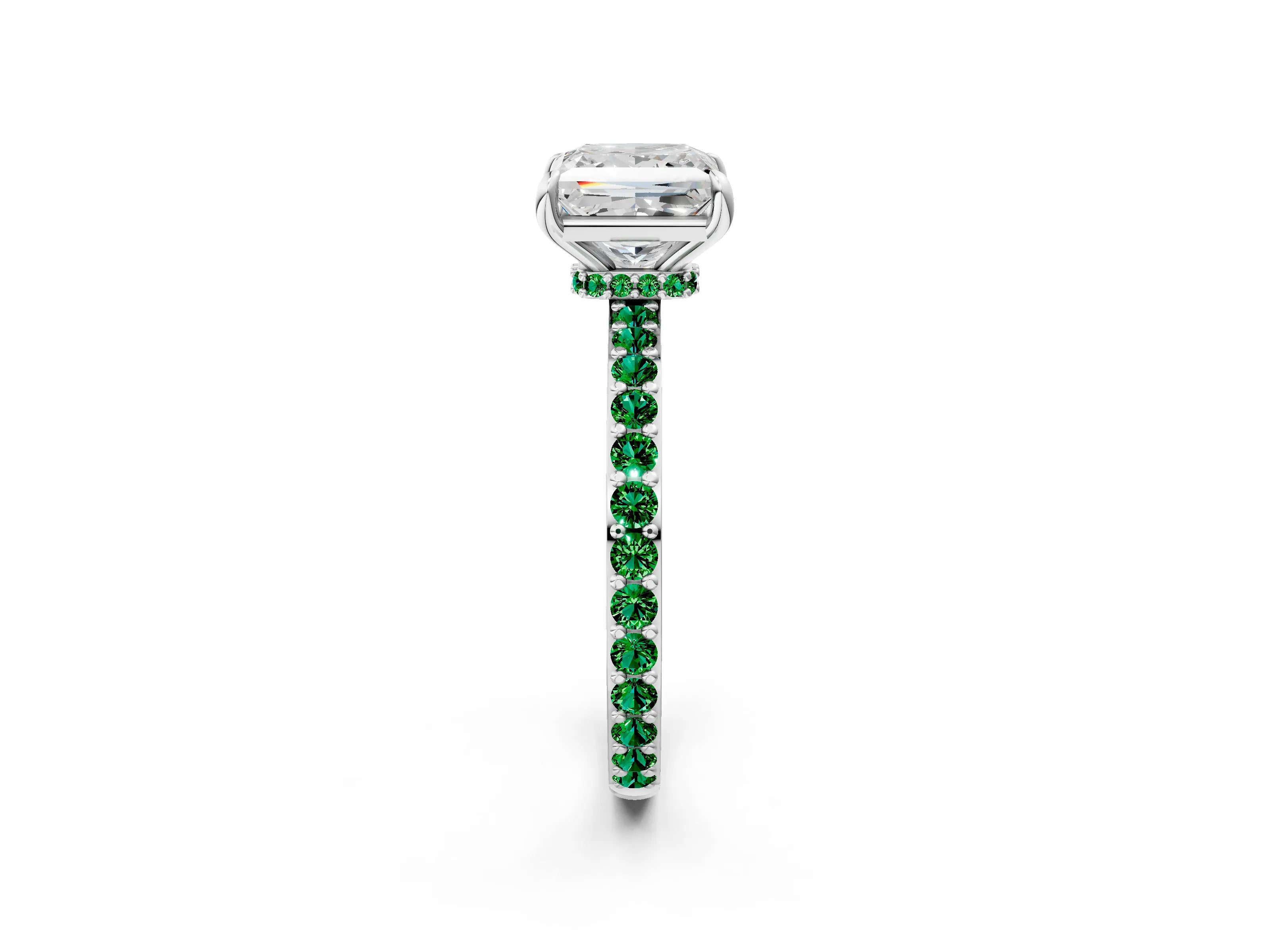 White gold Princess Cut Diamond Pavé Engagement Ring with Round with Emerald side stone Accents and Prong Setting_2