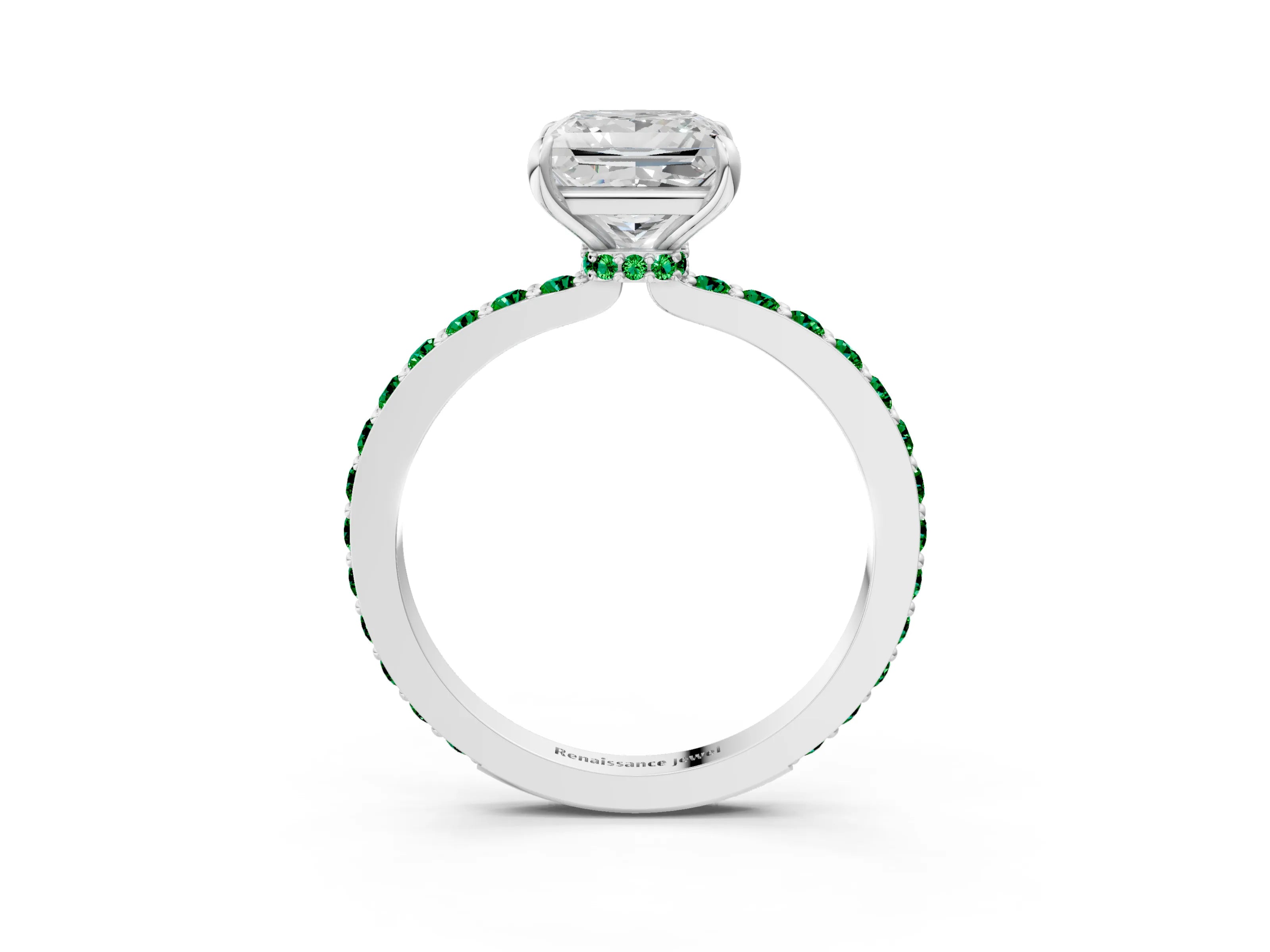 White gold Princess Cut Diamond Pavé Engagement Ring with Round with Emerald side stone Accents and Prong Setting_3