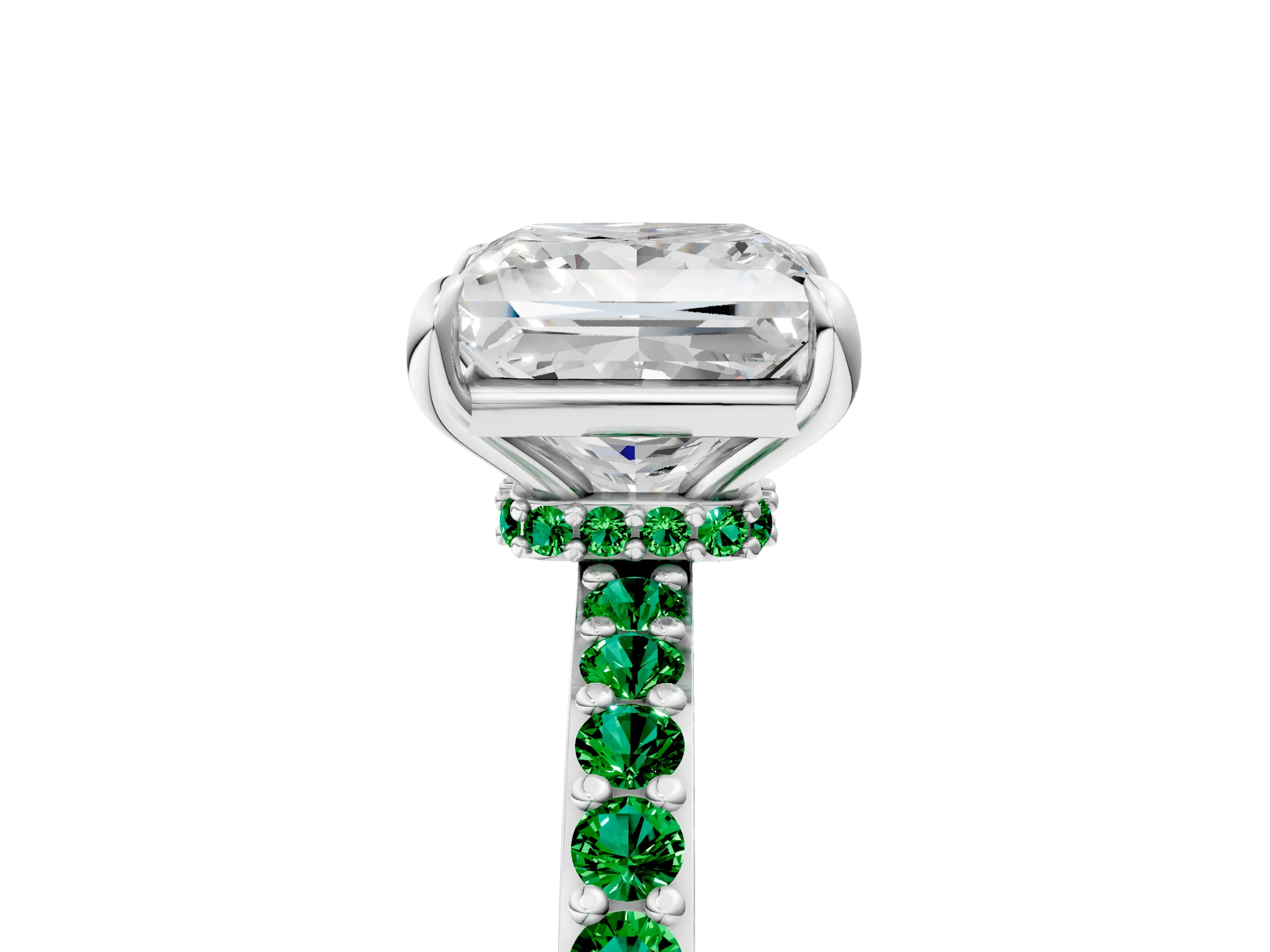 White gold Princess Cut Diamond Pavé Engagement Ring with Round with Emerald side stone Accents and Prong Setting_5