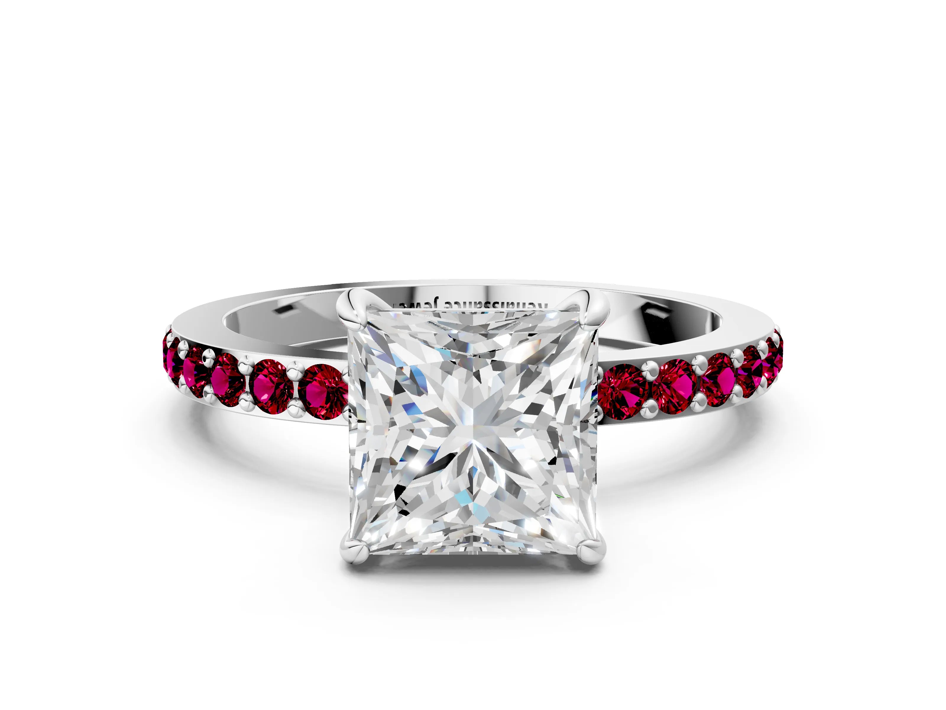 White gold Princess Cut Diamond Pavé Engagement Ring with Round with Garnet side stone Accents and Prong Setting_12