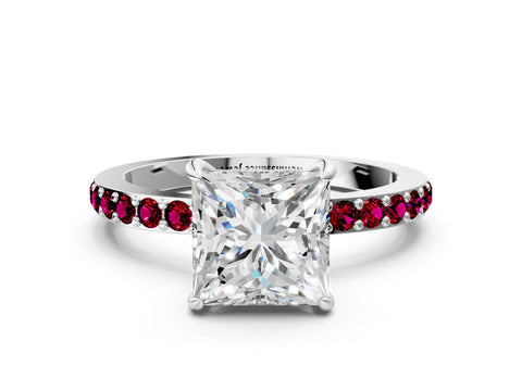 White gold Princess Cut Diamond Pavé Engagement Ring with Round with Garnet side stone Accents and Prong Setting_12