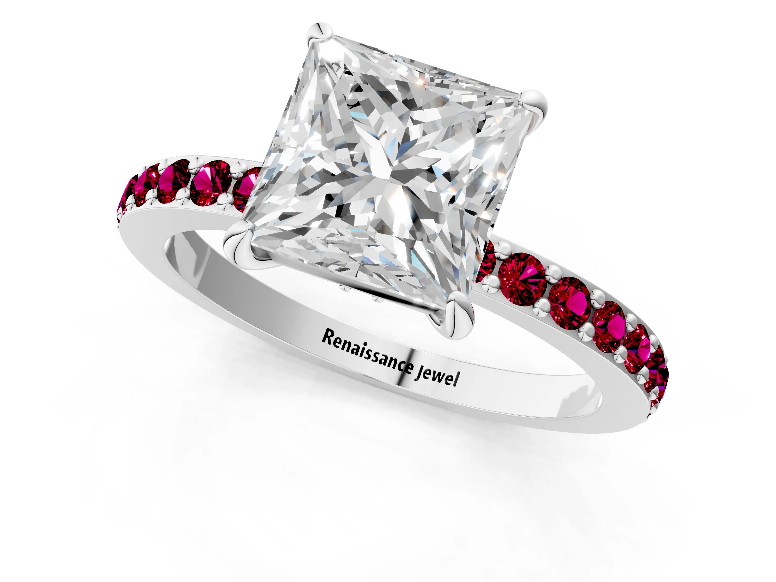 White gold Princess Cut Diamond Pavé Engagement Ring with Round with Garnet side stone Accents and Prong Setting_13
