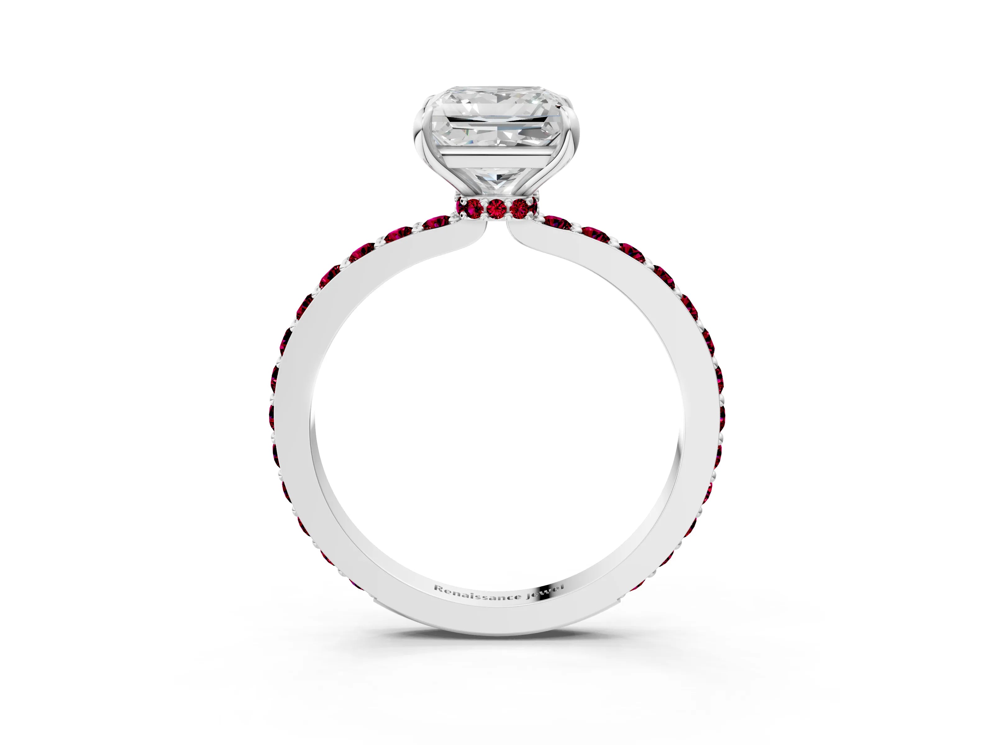 White gold Princess Cut Diamond Pavé Engagement Ring with Round with Garnet side stone Accents and Prong Setting_15