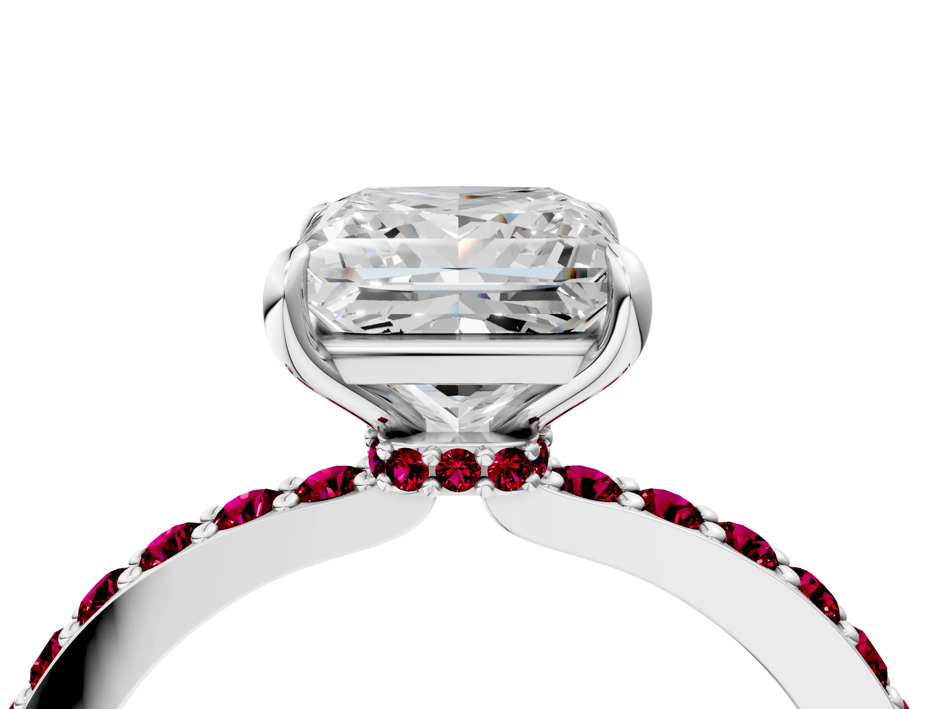 White gold Princess Cut Diamond Pavé Engagement Ring with Round with Garnet side stone Accents and Prong Setting_16