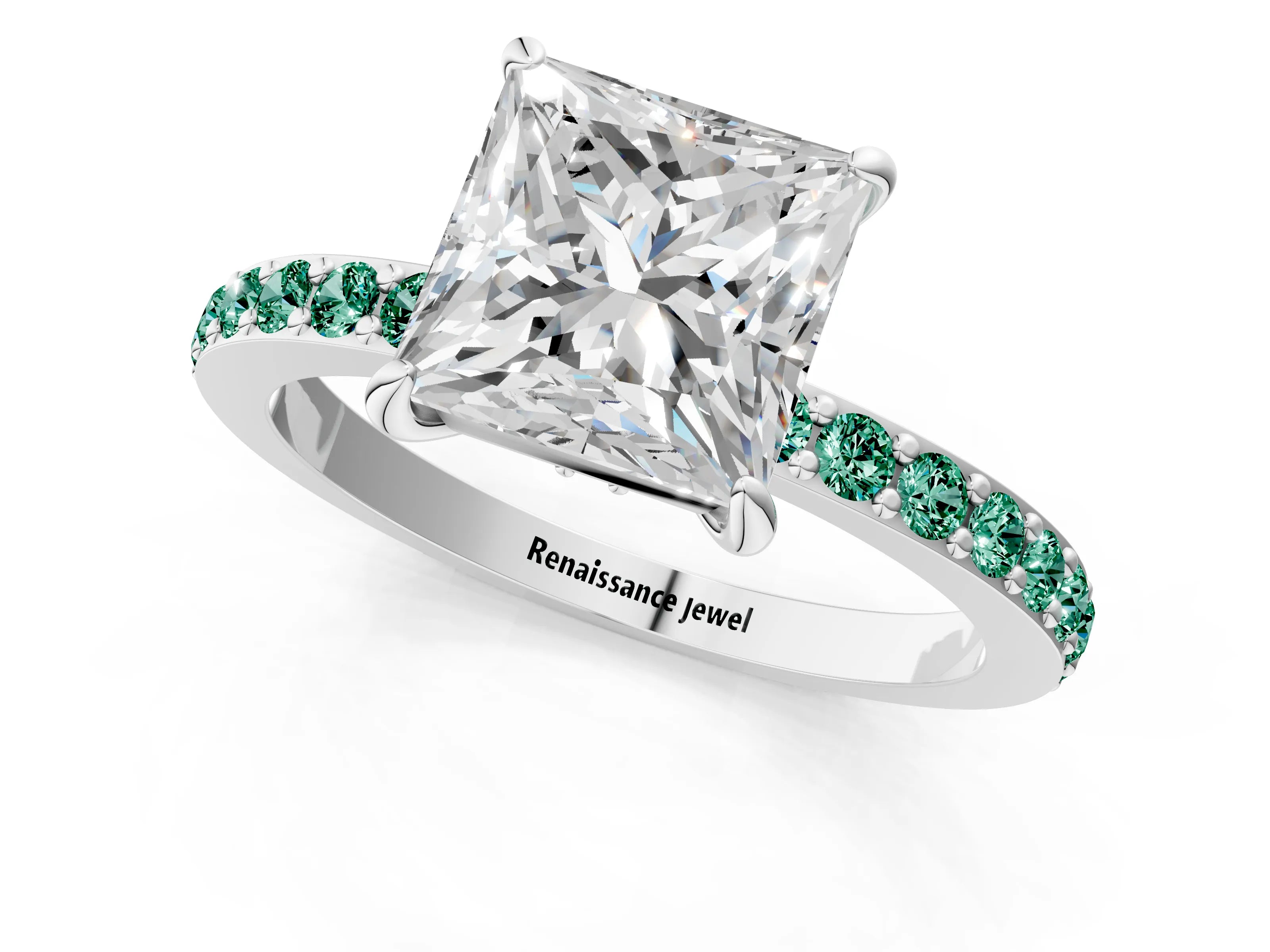 White gold Princess Cut Diamond Pavé Engagement Ring with Round with Green Sapphire side stone Accents and Prong Setting_1