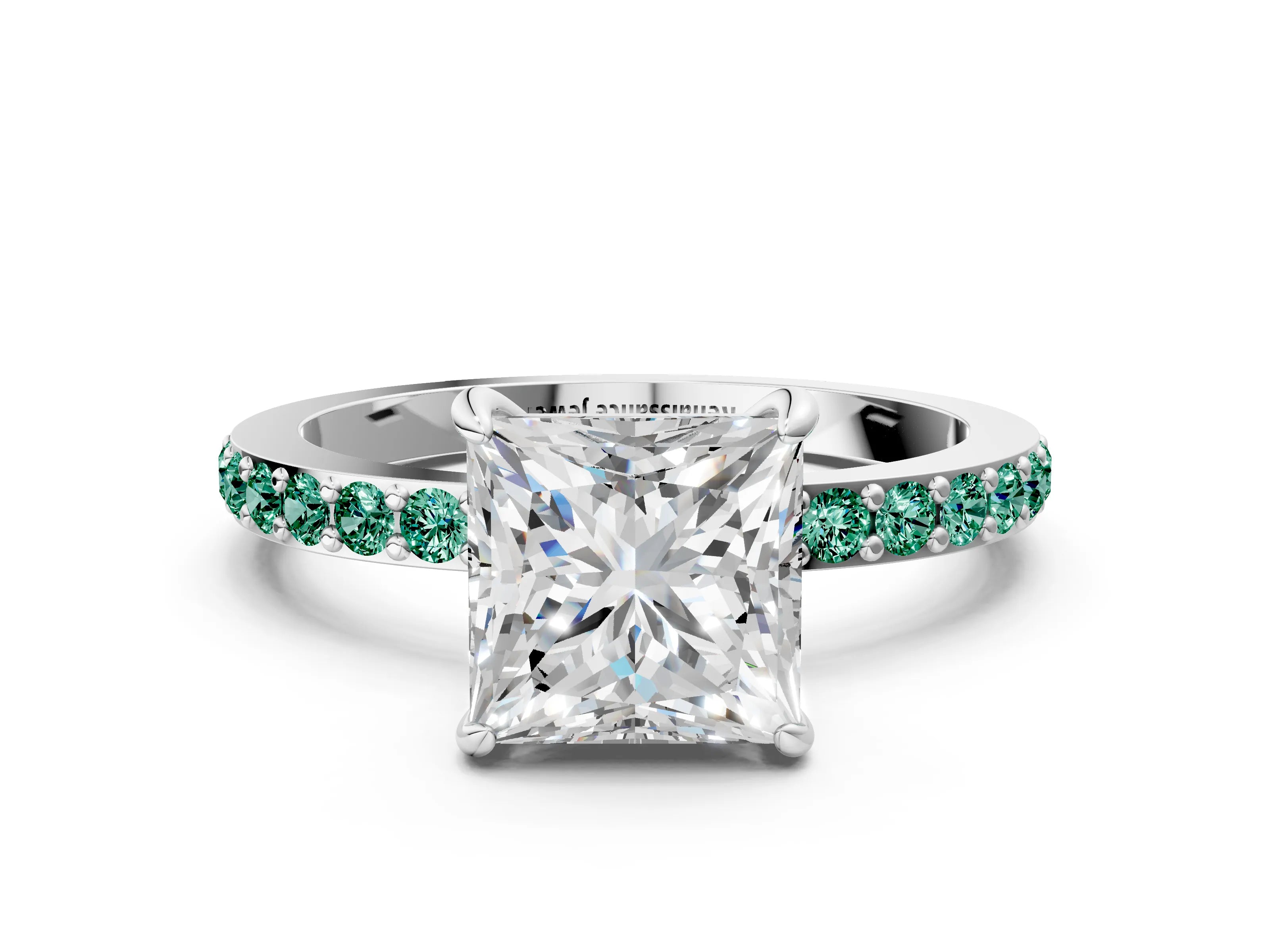 White gold Princess Cut Diamond Pavé Engagement Ring with Round with Green Sapphire side stone Accents and Prong Setting_12