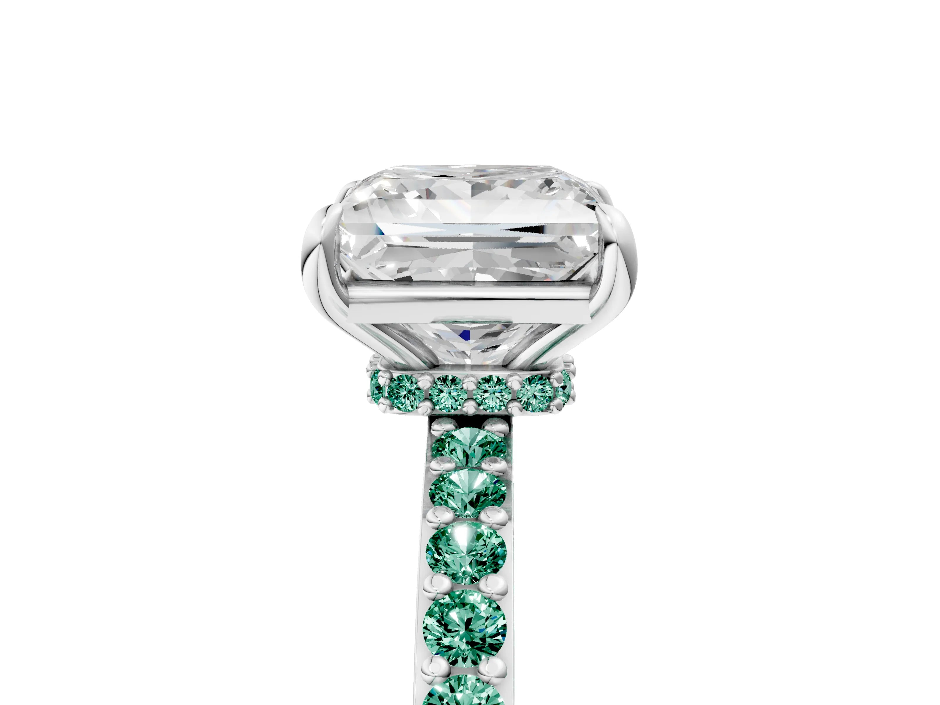 White gold Princess Cut Diamond Pavé Engagement Ring with Round with Green Sapphire side stone Accents and Prong Setting_17